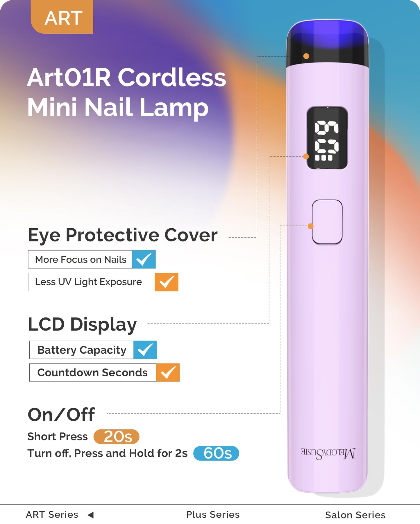MelodySusie Handheld UV Light for Gel Nails with Stand, Mini Portable Cordless Nail Lamp with LCD Display, Eye-Protective Cover, Flash Curing for Glue, Purple