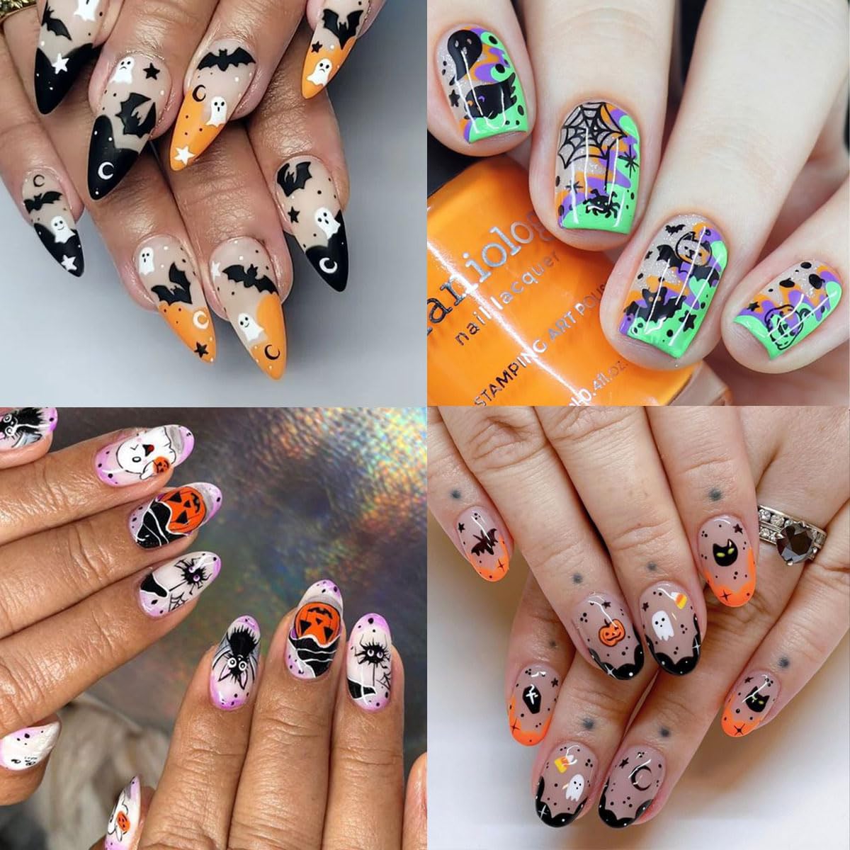 24 Sheets Halloween Nail Art Stickers 3D Self-Adhesive Nail Decals Ghost Pumpkin Bat Cat Skull Nail Designs Sticker Spooky Witch Spider Ghost Nail Stickers for Women Girls Acrylic Manicure Supplies