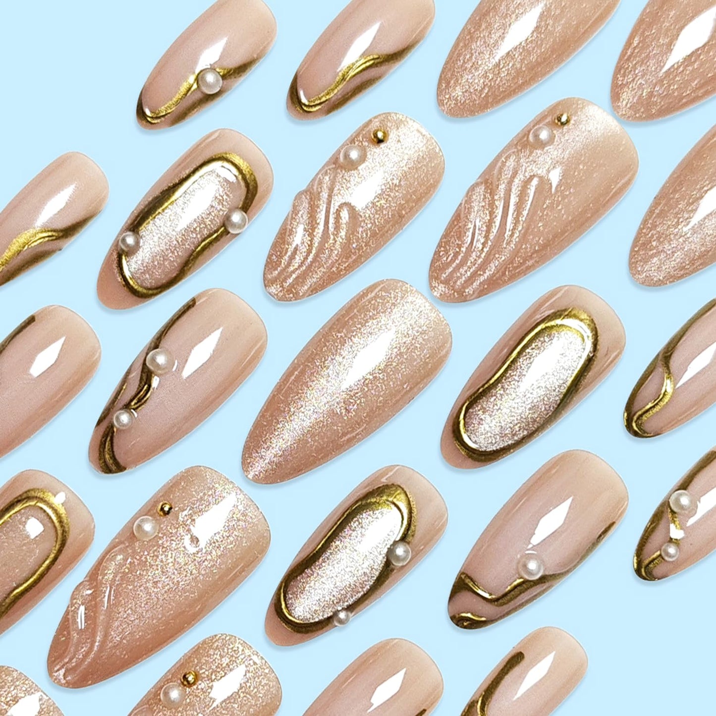 Chrome Gold Press on Nails Medium Almond Fake Nails Gilded False Nails 3D Gold Beads Pearls Press on Acrylic Nails Water Ripples Stick on Nail Shiny Glitter Full Cover Glue on Nail for Women 24Pcs