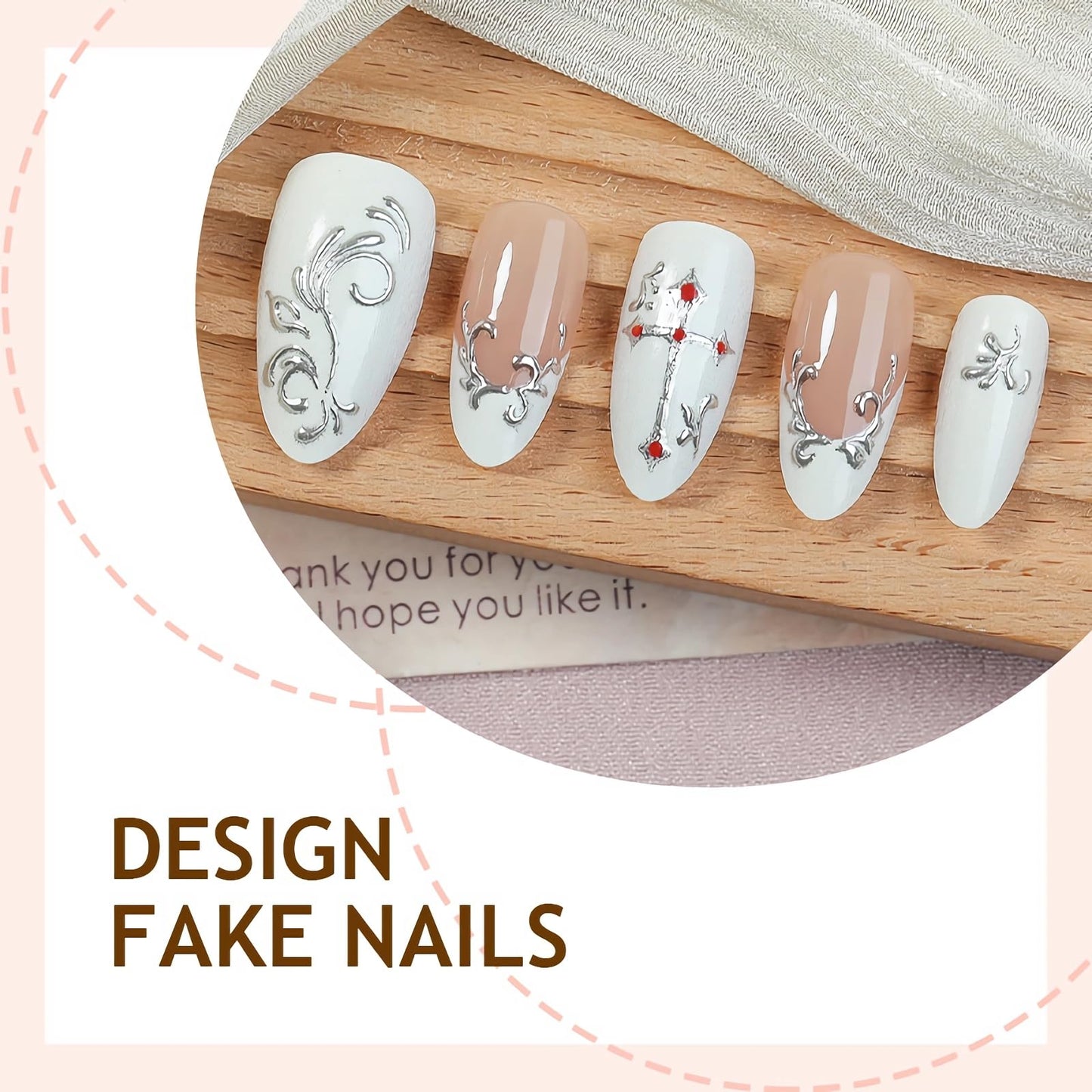 BABALAL Press On Nails, Medium Almond Fake Nails, White French Tip, Sliver Cross & Heart Design, Y2k Goth Acrylic, Reusable Glossy Full Cover Glue On Nails 24Pcs