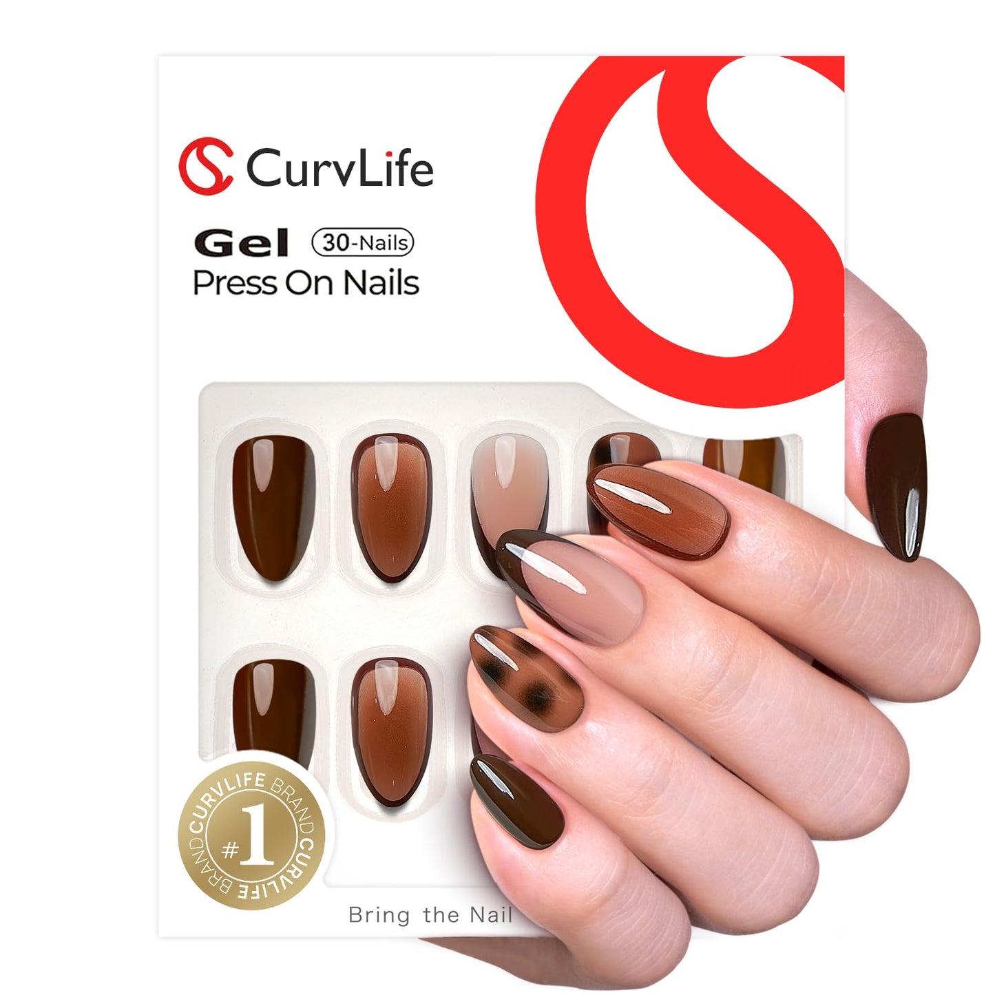 CurvLife Medium Almond Press On Nails, Soft Gel Salon Quality Fake Nails, Nude Pink Brown Tortoiseshell Design, Reusable Full Cover Press Ons for Women