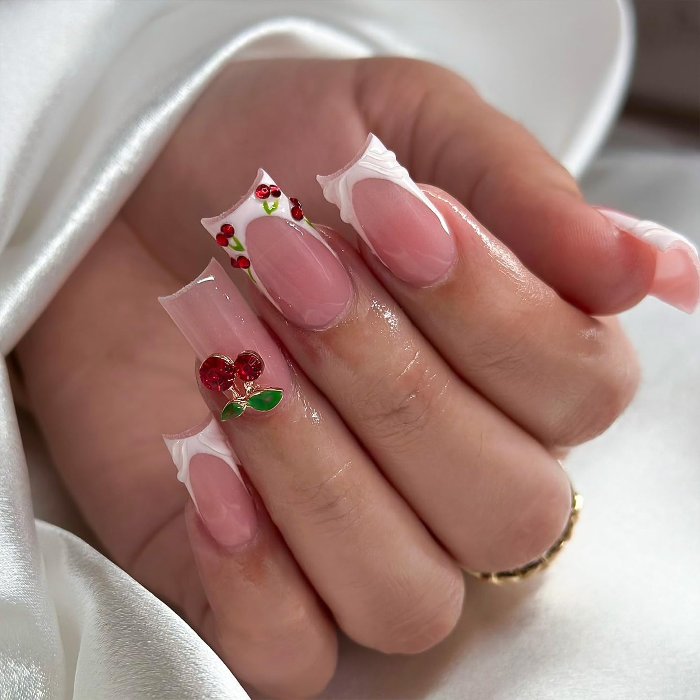 Exylixor Handmade Press on Nails Long Square - Sweet Cherry & White French Tip Fake Nails, Luxury 3D Fruit Jewelry False Nails, 10 Pcs for Women (Size M)