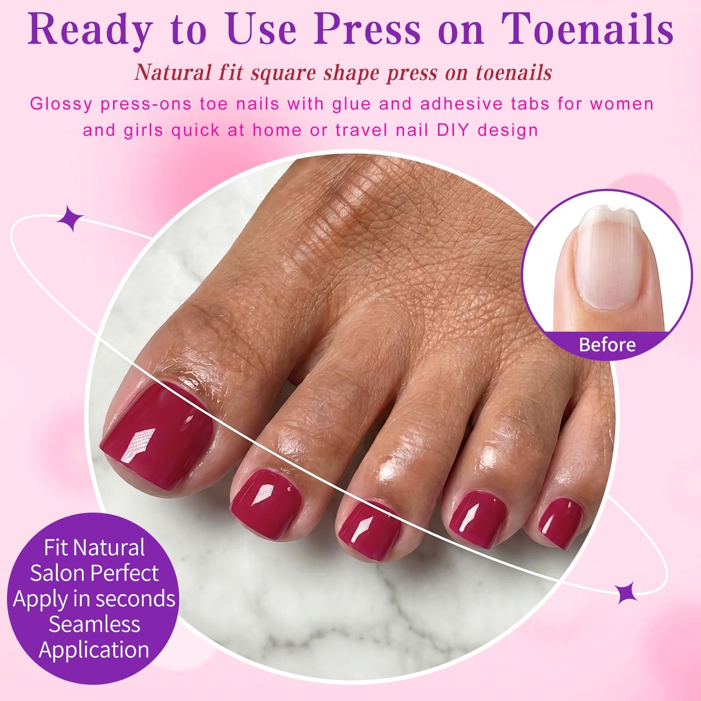 120pc Press on Toenails Women Fake Toe Nail Press ons,Wine Red Acrylic Toenail Press ons Toes Nails Fake Toenails Glue on Toe Nail Tips 12 Sizes Toe Press-on Pedicure Presson False Nails for Feet