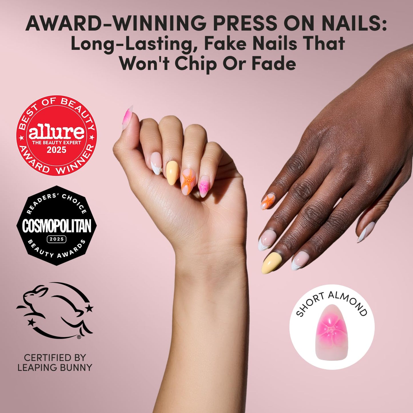 Glamnetic Press On Nails - Short Almond Fake Nails with Tropical 3D Nail Art | Salon Quality Vacation Nails | Sunset Tide |15 Sizes - 30 Nail Kit with Glue