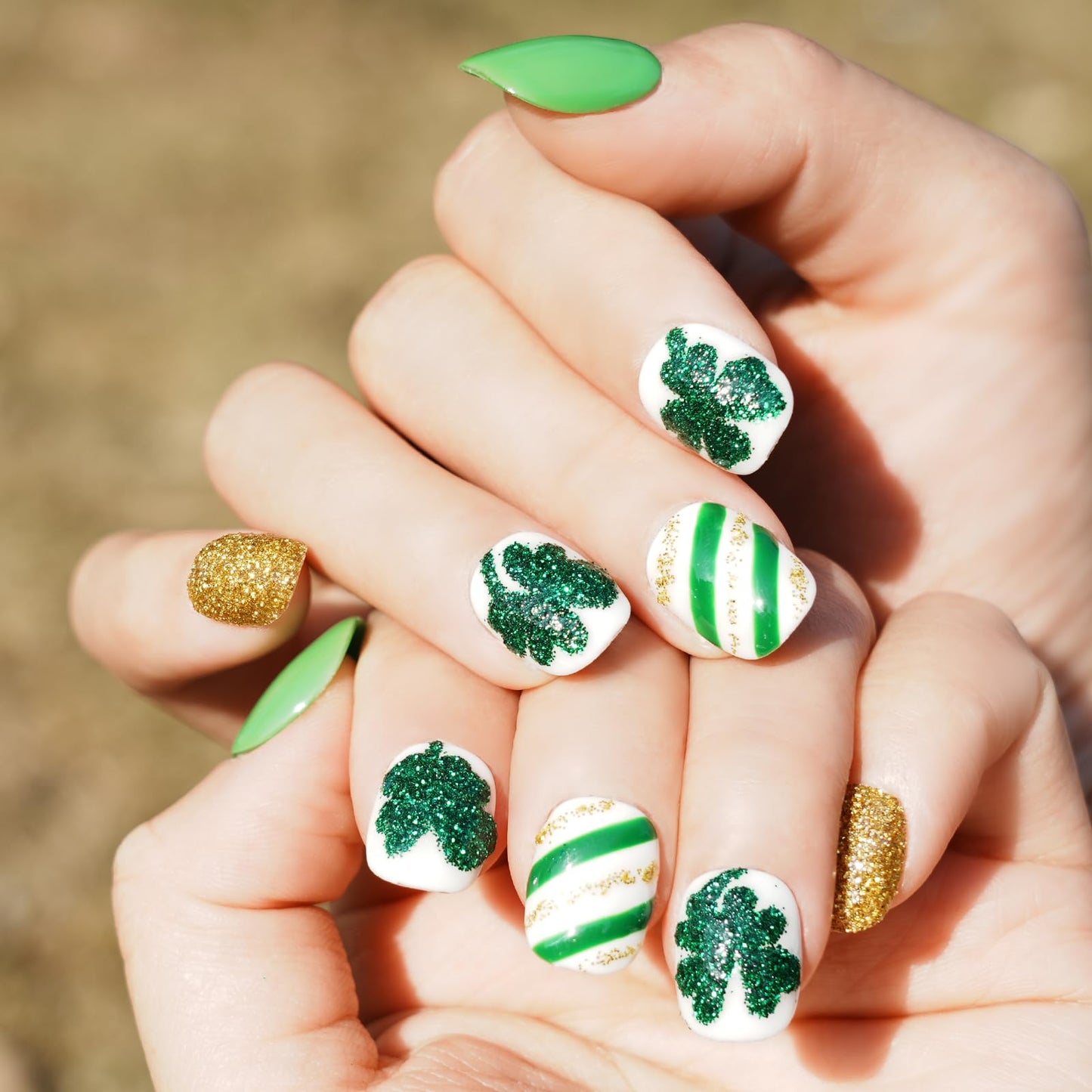 Tesytto Green & Gold Glitter Extra Short Squoval Press On Nails, Handmade Clover and Stripe Design, Reusable Full Cover Acrylic Nails (Size L)