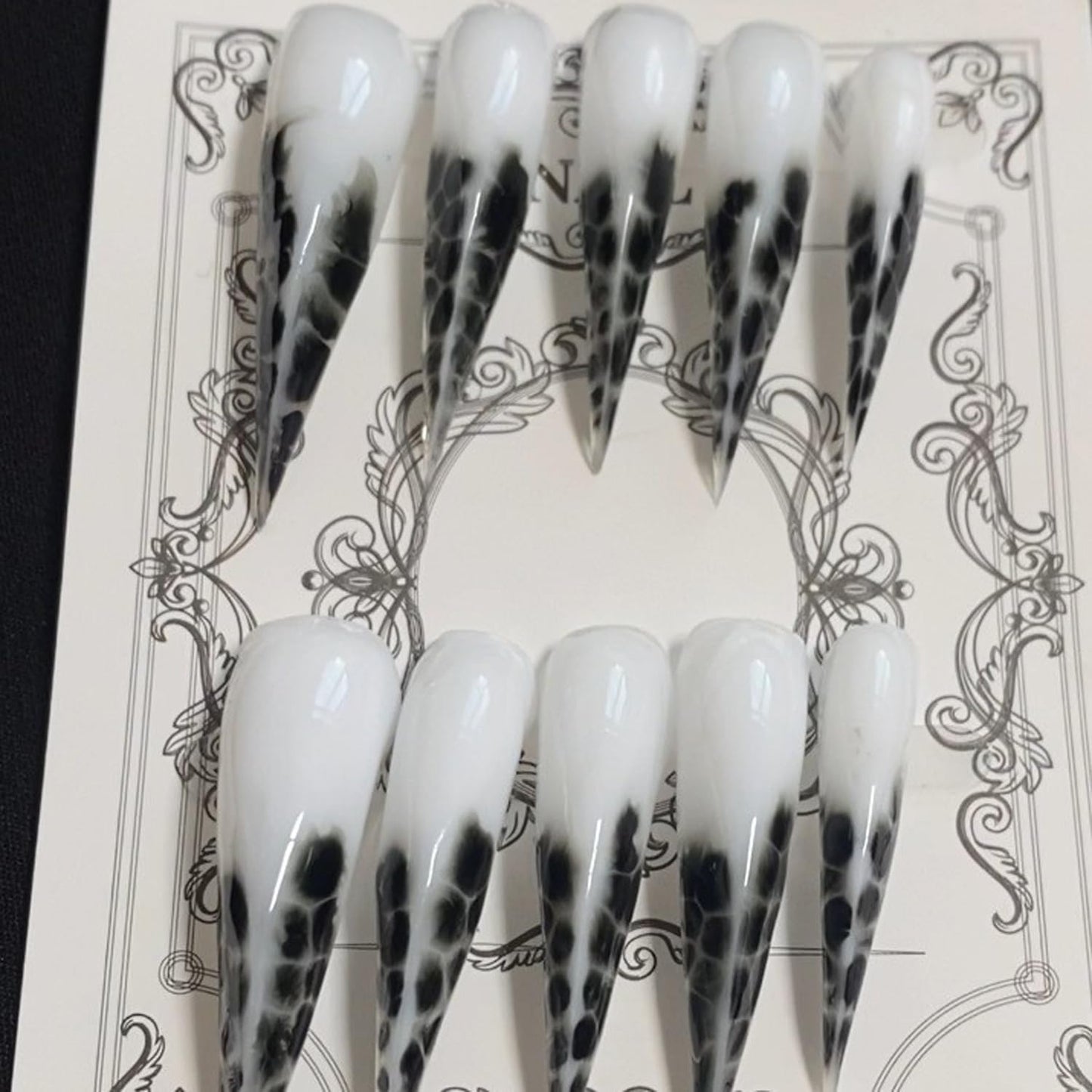 Handmade Press on Nails Extra Long Curved Stiletto Fake Nails Cat Claw Dragon Designs French Tip Acrylic Nail Black White Eagle Claw Fake Nail Full Cover Stick on Nails for Women (M)