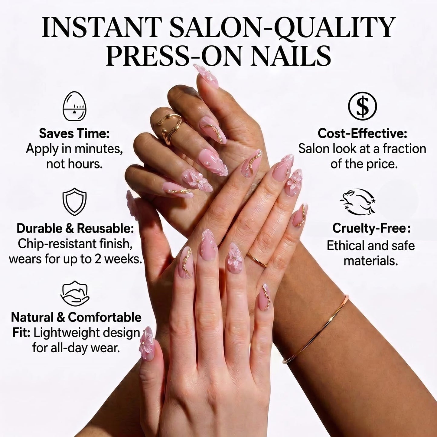 IMRAIN Almond Press on Nails, Medium Fake Nails, 3D Sculpted Pink Flower Gold Chrome, 24Pcs Reusable Glue on Nails for Women, Salon Quality