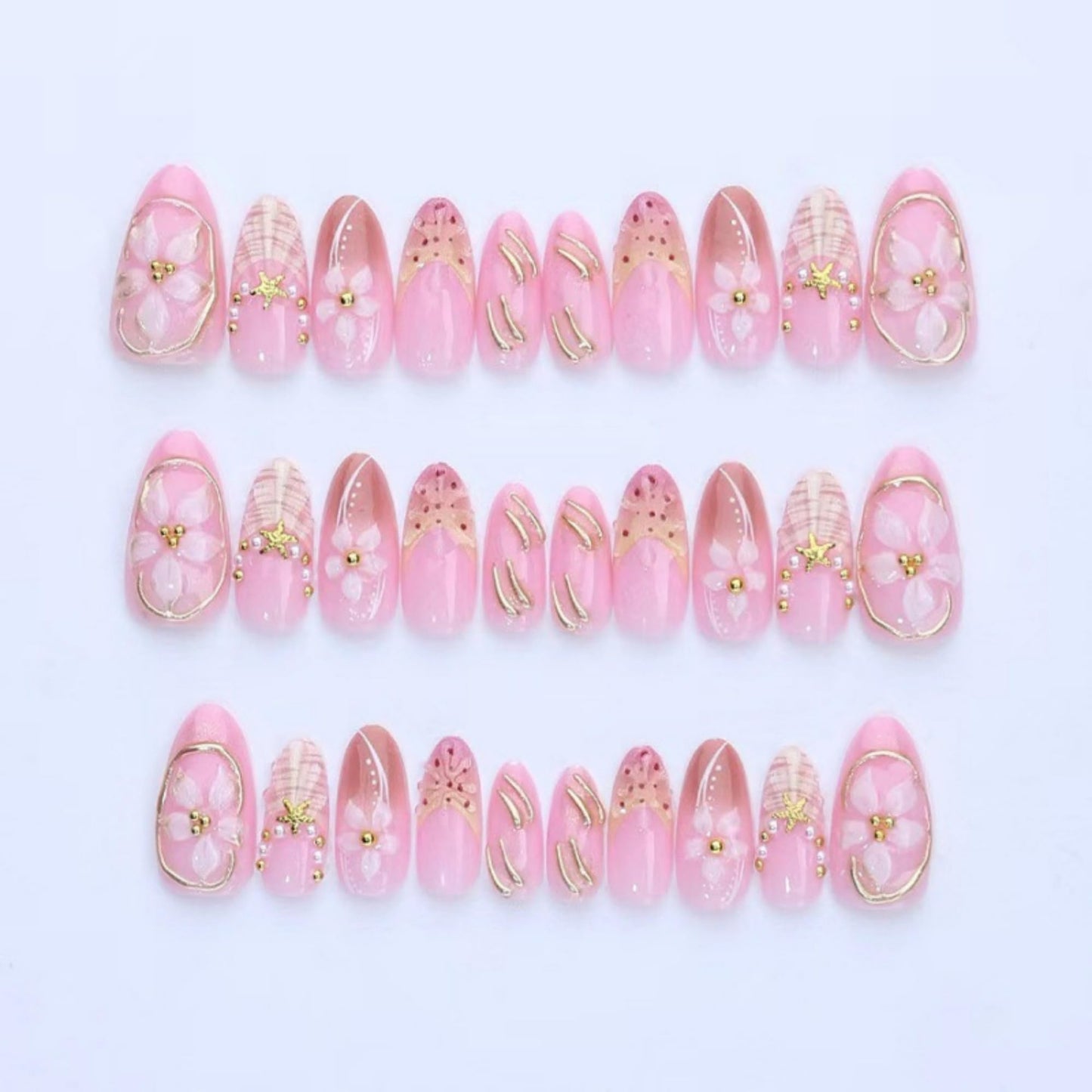 SEENEEY Long Almond Press on Nails French Fake Nails Orange Artificial Nail White Floral Designs Stick on Nail for Women 24pcs