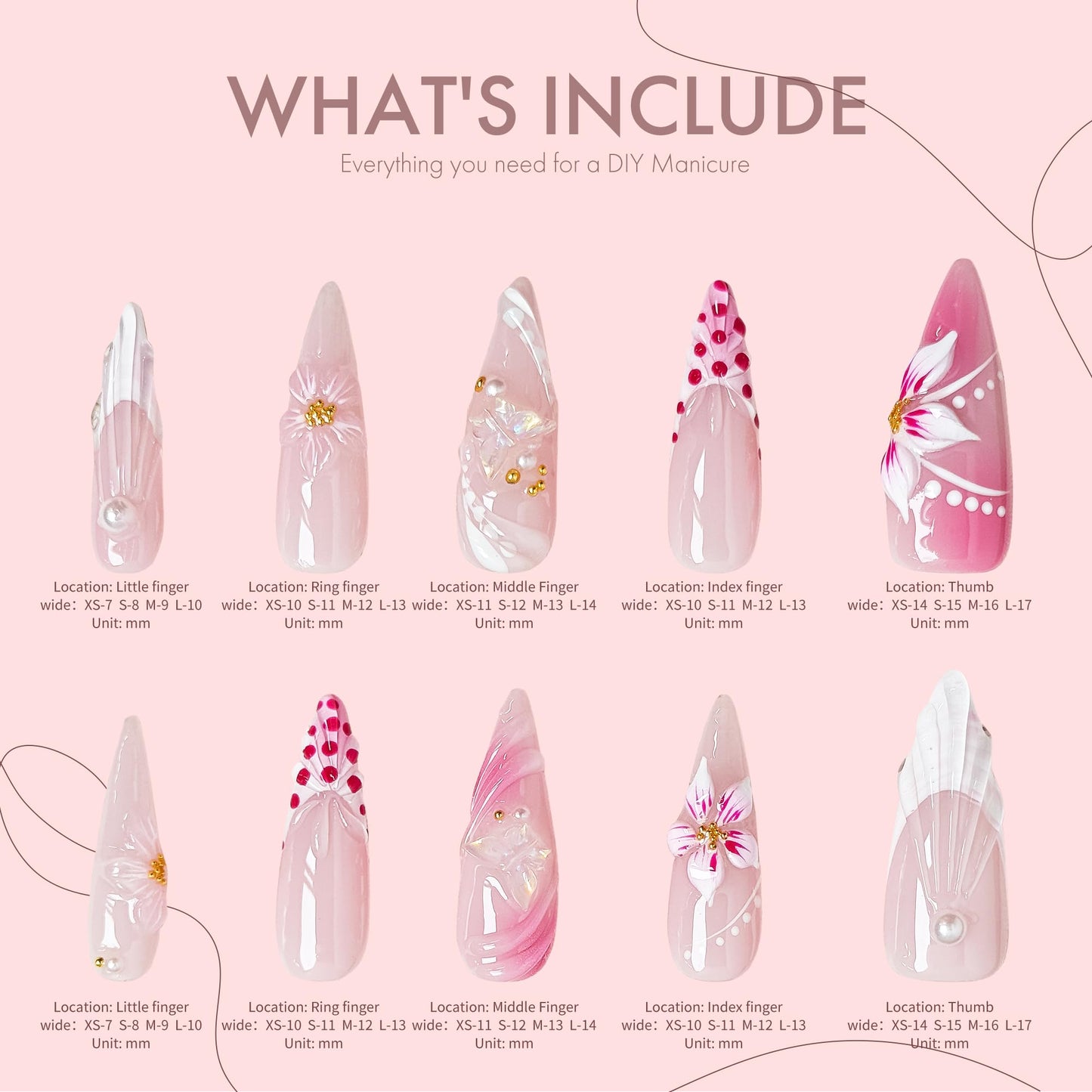 Petal Whisper 10PCS Long Pink Floral Gradient Press On Nails, 3D Flower Pearl Gold Accent Elegant Wedding Fake Nails for Women, Soft Glam Korean Style Acrylic UV Gel Press-On Nails Set (Pink, XS)