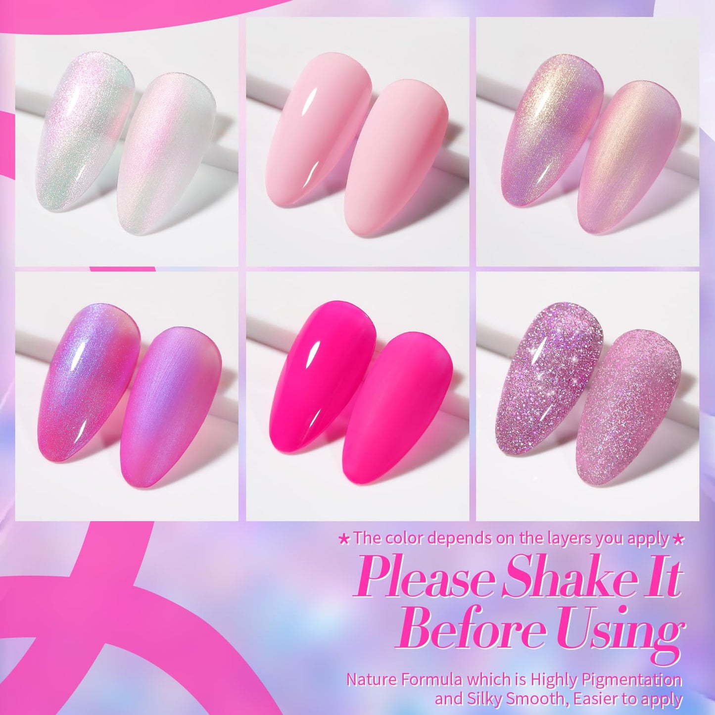 Born Pretty Pink Gel Nail Polish 6 Colors Shimmer Glitter Pearl Mermaid Hot Pink Purple Shades Gel Polish Kit Soak Off Gel Nail Kit Collection Nail Art Gel Manicure Kit DIY at Home Salon Gifts