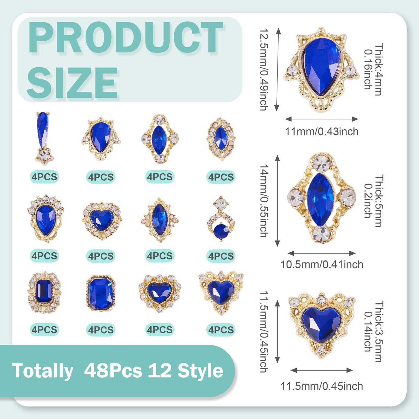 Craftdady 48Pcs Luxury Alloy Nail Rhinestone for DIY Nail Art Work Design Derocation Craft Jewelry Making Blue Theme Horse Eye Heart Teardrop Flat Round Nails Diamond Glass Crystal Charms