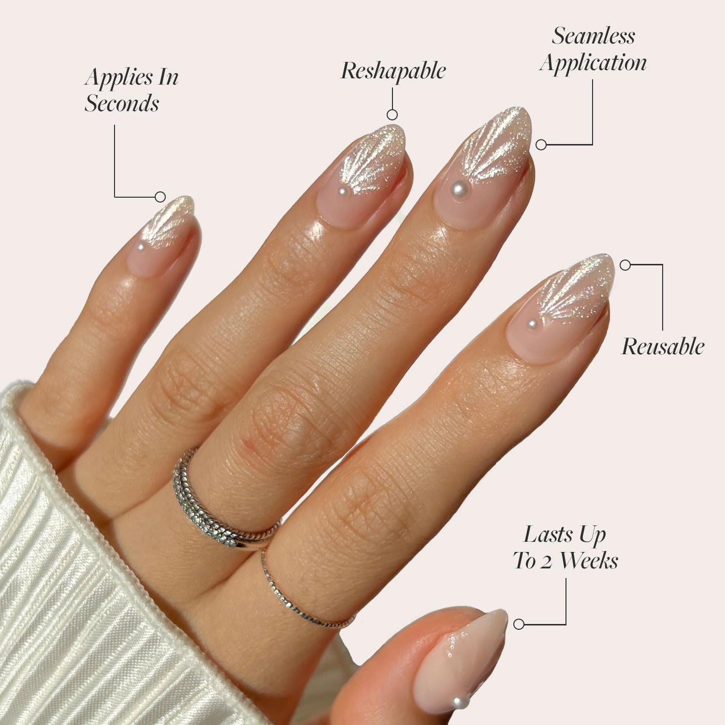 Glamnetic Press On Nails - Honeymoon | Short Almond Nude Fake Nails with 3D Nail Art and Glossy Velvet Finish, Salon Quality | 15 Sizes - 30 Nail Kit with Glue