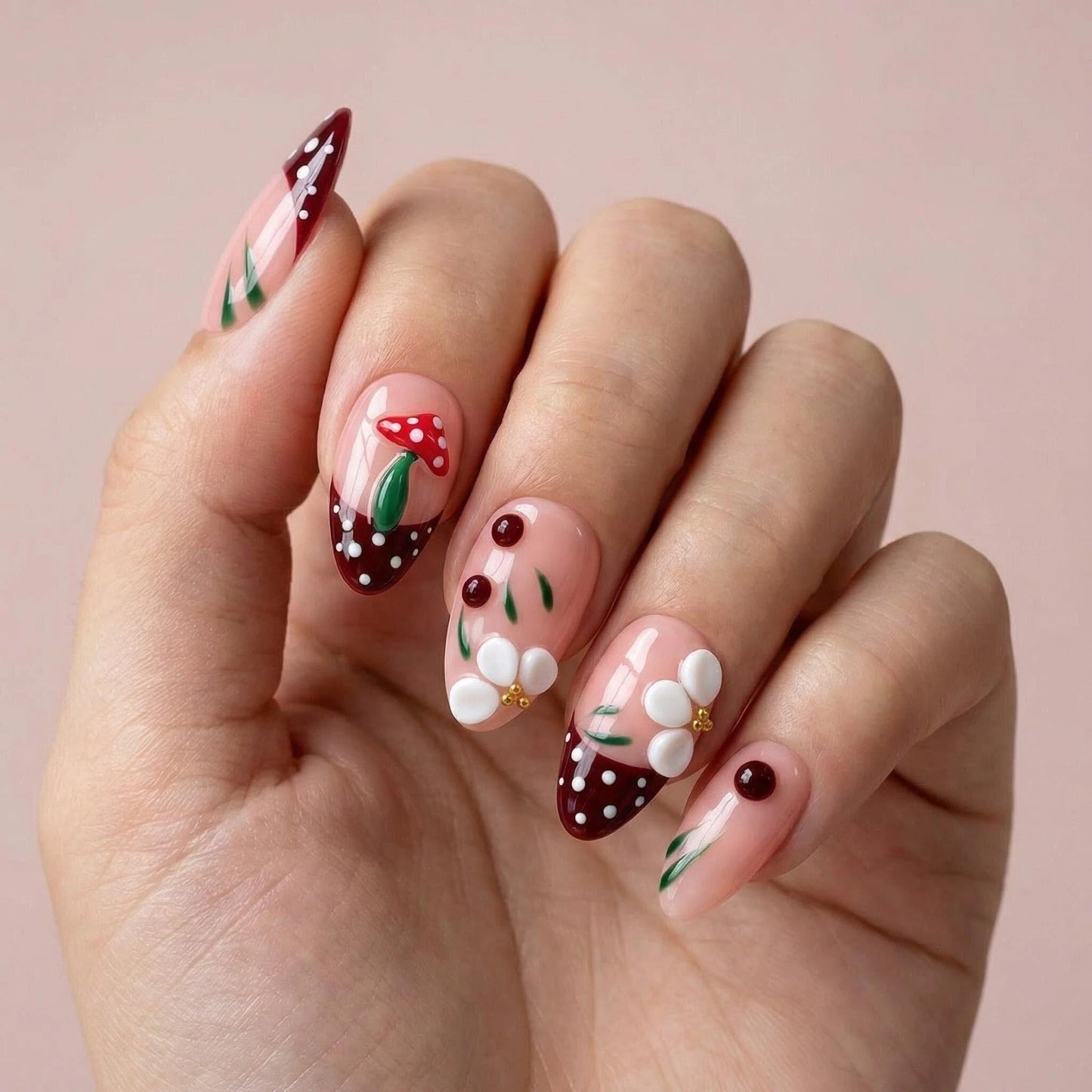 Threelegscat 10 PCS Short Almond Daily Handmade Press on Nails Nude Pink French Tip Polka Dot with 3D Flower Full Cover Fake Nails Reusable for Women Daily, Party, Gift