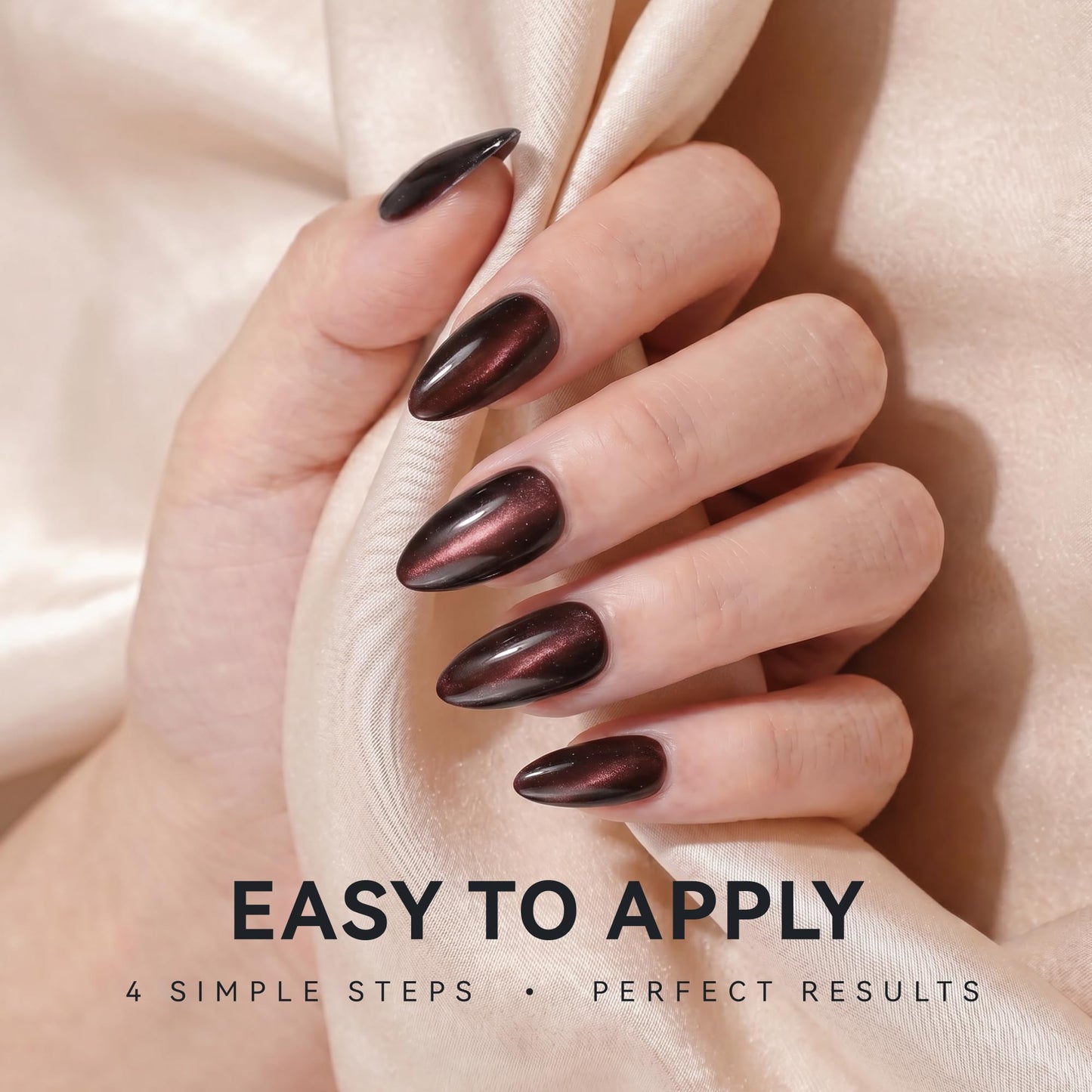 ELLEWIN 60 Pcs Cat Eye Press on Nails Medium Almond - Dark Red & Almond, 15 Sizes Acrylic Glossy Glitter Stick on Nails Set with Glue, Remover & Accessories for Women