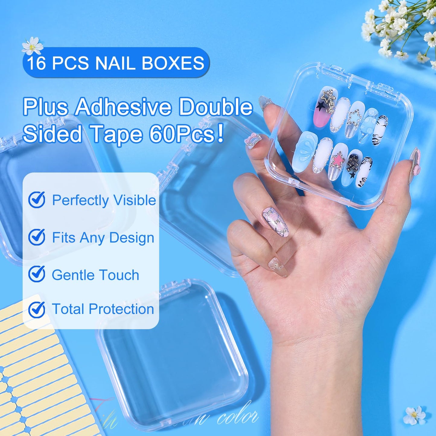 Raisetip 16 Pcs Acrylic Press on Nail Storage Box with Adhesive Double Sided Tape, Press on Nails Packaging Fake Nail Storages Case for Fake Nail Storage Nail Display Nail Salon