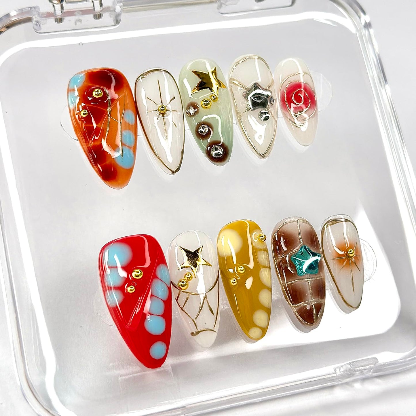 Luxury Press on Nails Medium Almond Handmade 3D Unique Reusable ABS Material Fake Nails Y2K Silver Curve Line False Nails with Designs Stars Art Glossy Glue on Nails Thick Acrylic Nails(M)