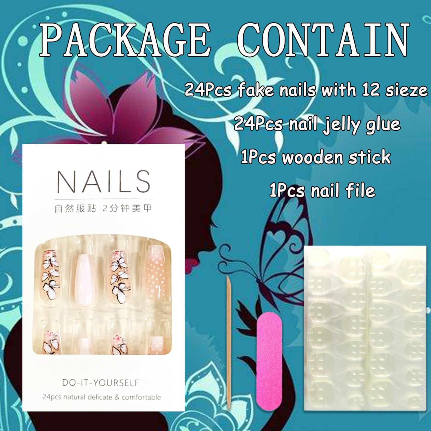 EYZOTSF Press on Nails Medium Square Shaped Acrylic Medium Square Shaped False Nails with Designs Artificial Short Coffin Fake Nails with Charms Glue ons Fingernails for Women Girls(DZ639)