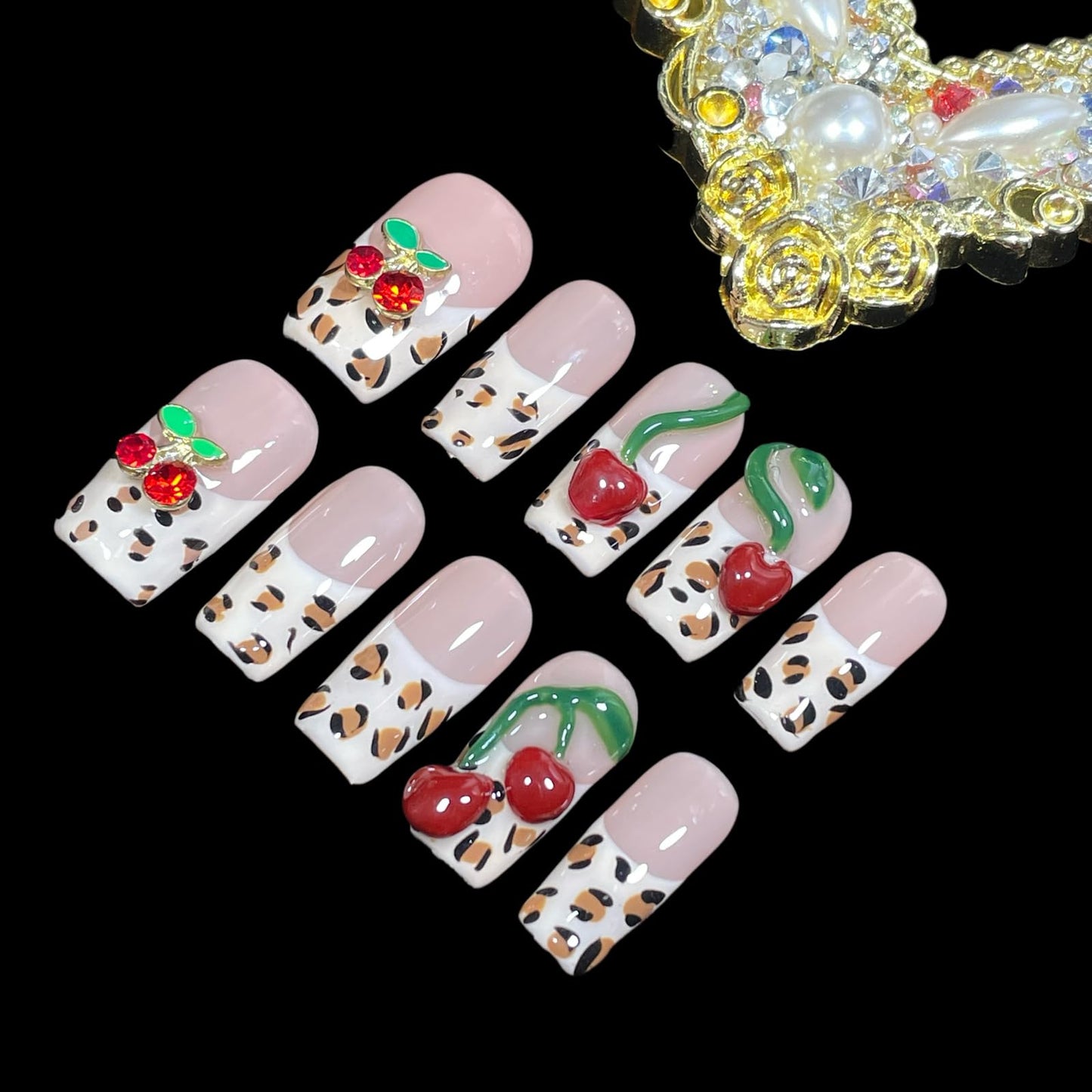 Handmade Press on Nails 3D Hand-scuplted Red Cherry Short/Medium Square False Nails | Leopard Print French Tips | Reusable Acrylic Fake Nails (Cherry Bouquet, M)