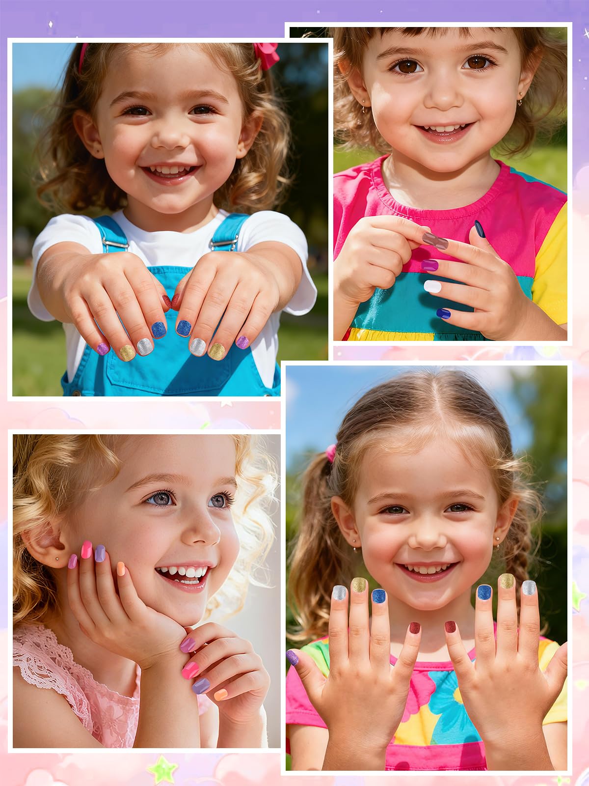 EBANKU 24 Pack Kid Fake Nail Kit, 576 Pieces Sparkle Press on Nails for Kids Colorful Stick on Nail Short Artificial False Nail Kits for Girls