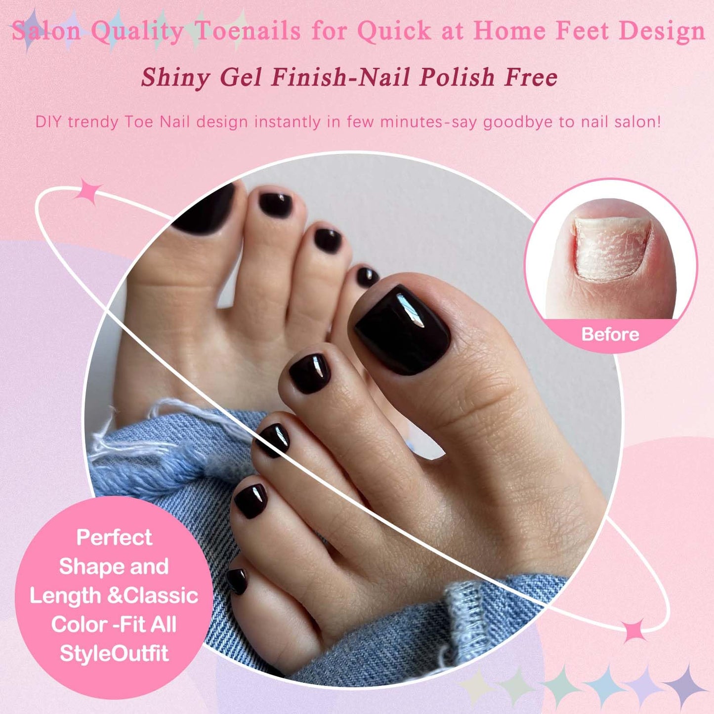 LoveOurHome 120pc Black Press on Toenails Women Fake Toe Nails with Glue Tabs, Black Fake Toenails Press on Toe Nails Glue on Toenail Acrylic Toes Nail Tips Artificial False Toenail for Women Girls