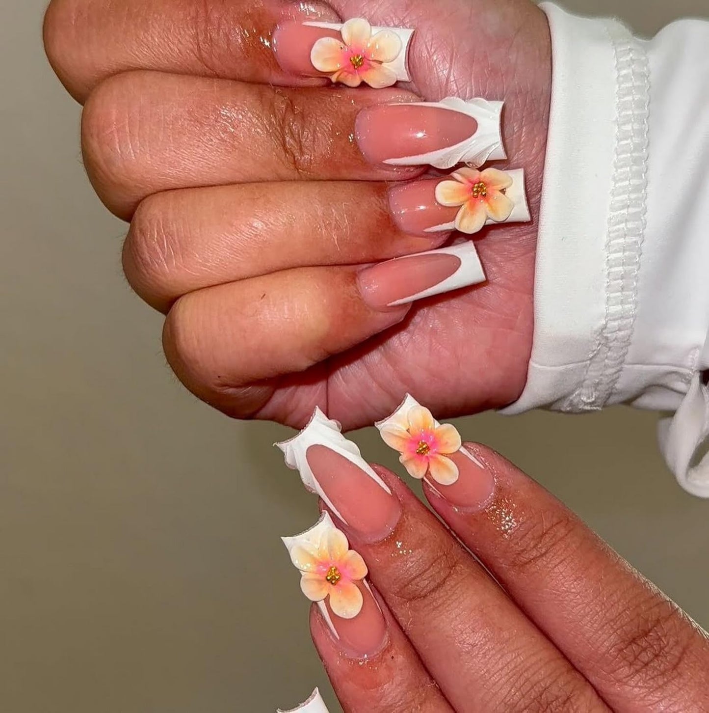 Handmade Press on Nails Long Square White French Tip Thick Acrylic Fake Nails 3D Flower False Nail with Embossed Designs Elegant Sturdy Nail Art Press on Nails Multi Gel Stick on Nail 10Pcs (M)