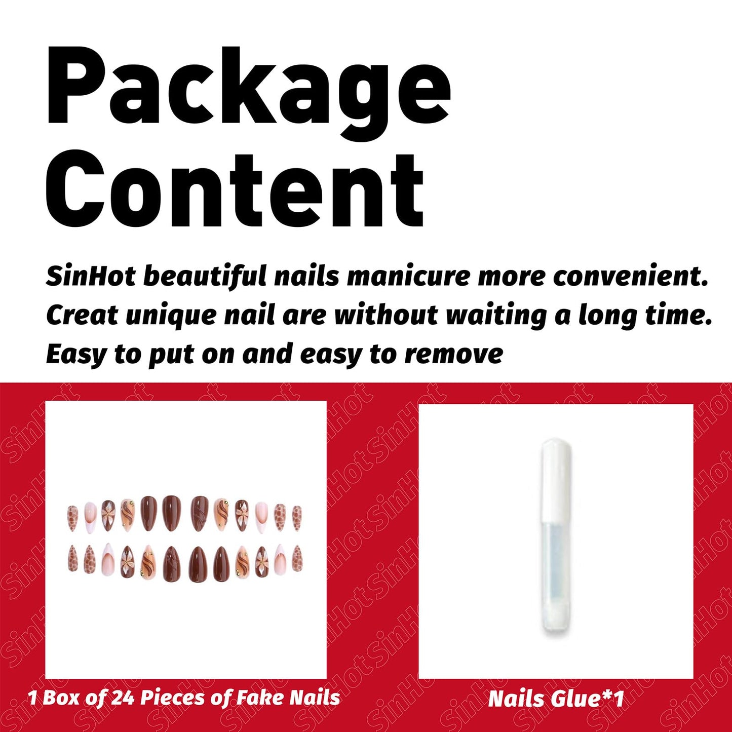 SINHOT Press on Nails - Medium Almond Fake Nails, Glossy Finish, 3D Flower & Brown Swirl, DIY Artificial False Nail Art - 24 Pcs Nail Kit with Glue