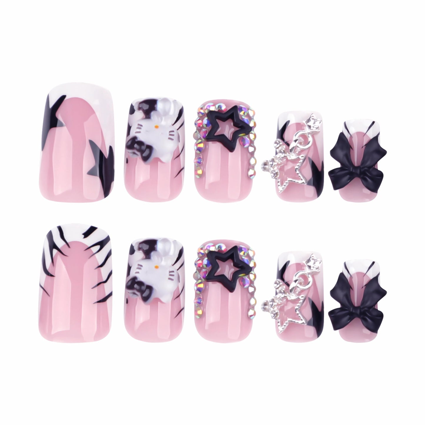 BABALAL French Tip Press on Nails Short Square Fake Nails with Bow Charms Designs Black White Zebra Print False Nails Silver Star Y2k Acrylic Nail Handmade Stick on Nails for Women Girls Kids 24Pcs