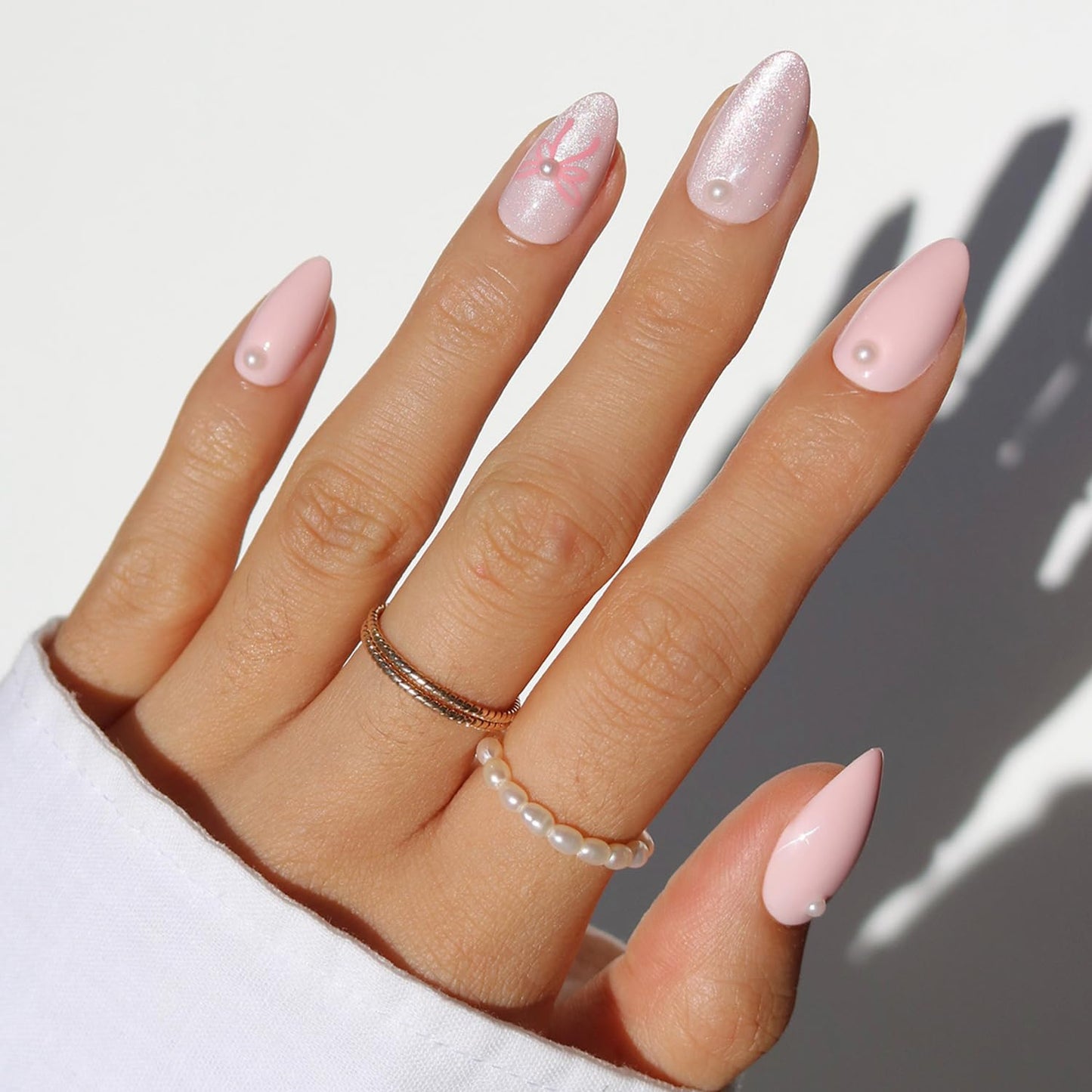 Glamnetic Press On Nails - Love Knot Spring Nails | Short Almond Fake Nails with 3D Pearls, Ribbon Bow Designs in a mix of Velvet & Glossy Finishes | 15 Sizes - 30 Nail Kit with Glue
