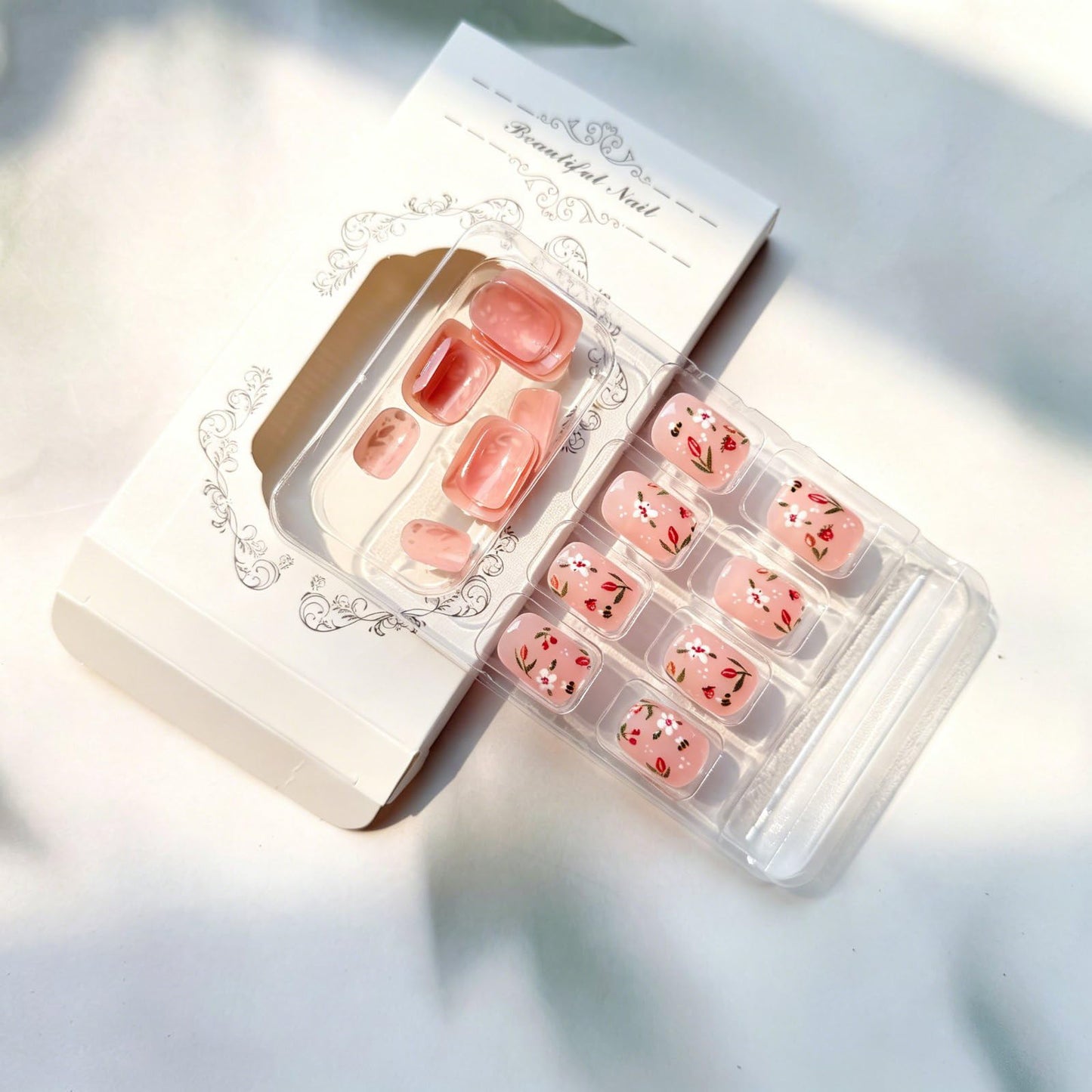 Spring Press on Nails Short Square Fake Nails Bee Flower False Nails Nude Pink Insect Floral Fruit Glue on Nails Full Cover Summer Acrylic Nails Glossy Artificial Stick on Nails for Women Manicure