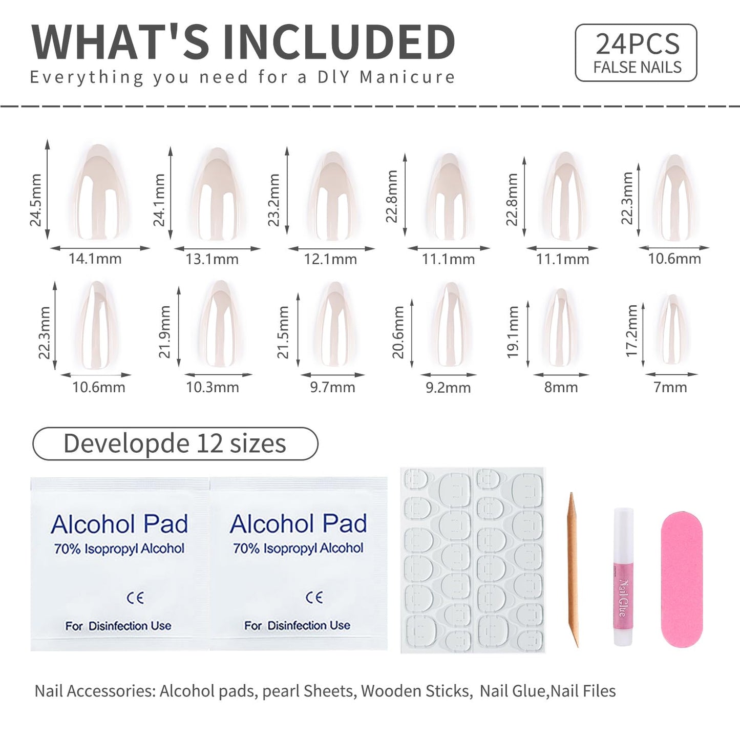Pearl White French Tip Press On Nails Almond Soft Gel Fake Nails, Glossy Milky White Elegant Glue On Nails, Reusable Minimalist False Nails for Women, Salon Quality 24PCS