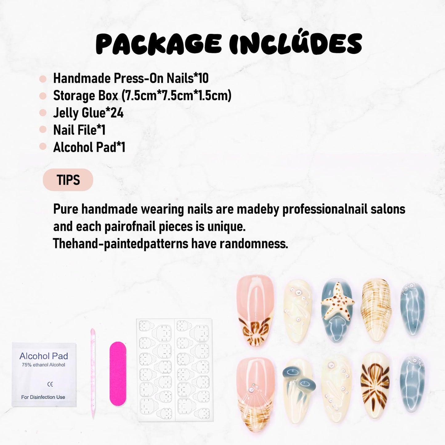 Luxury Press on Nails Short Almond Handmade 3D Starfish Fake Nails French Tip False Nails Flower Pearl Art Designs Glossy Stick on Nails Full Cover Thick Acrylic Nail for Women (Size M)