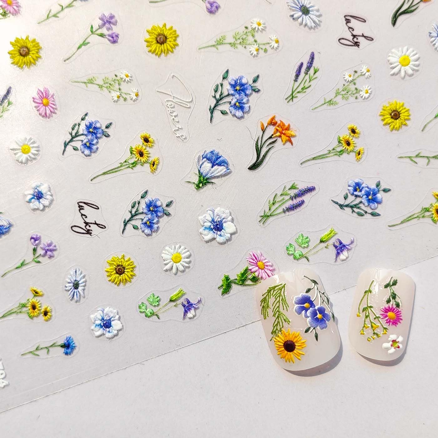 Flower Nail Stickers Spring Nail Art Decals Wildflower Daisy Sunflower Nail Decals 5D Embossed Stickers for Nails Designs Self Adhesive Nail Art Supplies & Decorations for Women Girls 1 Sheet