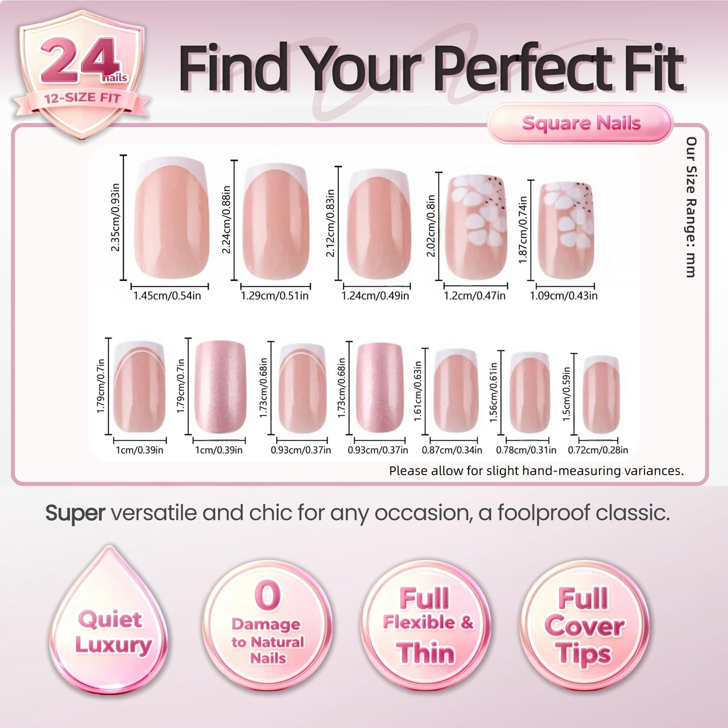 Taoyisent Nude Pink French Tip Press On Nails Short Square Glossy, Floral Fake Nails with Glitter Accent, Reusable Full Cover Stick On Nails for Women Wedding Office Daily Wear, 24PCS
