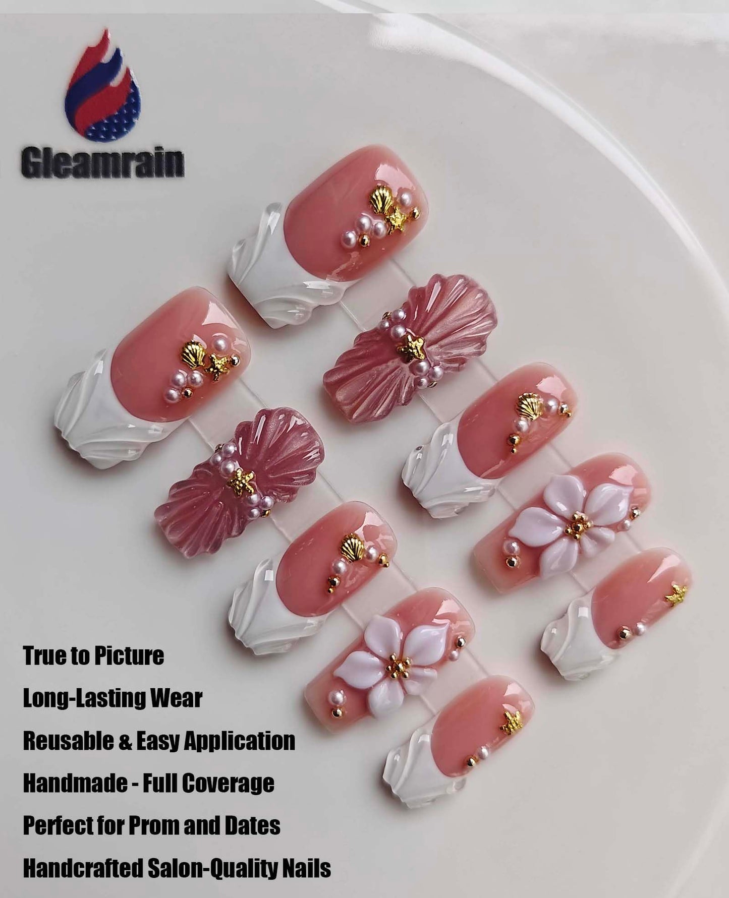Gleamrain 10pcs Handmade Long Press-on Nails Coffin Shape (M Size) with 3D Flower Designs for Women Suitable for Summer Vacation, Beach Proms, Parties or Daily Wear, D109