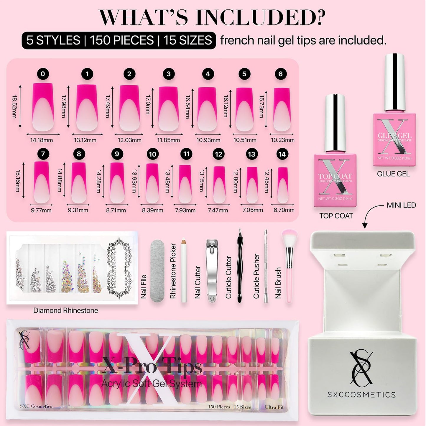 SXC Cosmetics French Tip Press On Nails – 5 Pink Series, Medium Square, X-Pro Tips Starter Kit | 150PCS, 15 Sizes, 5 Styles, Beginner-Friendly