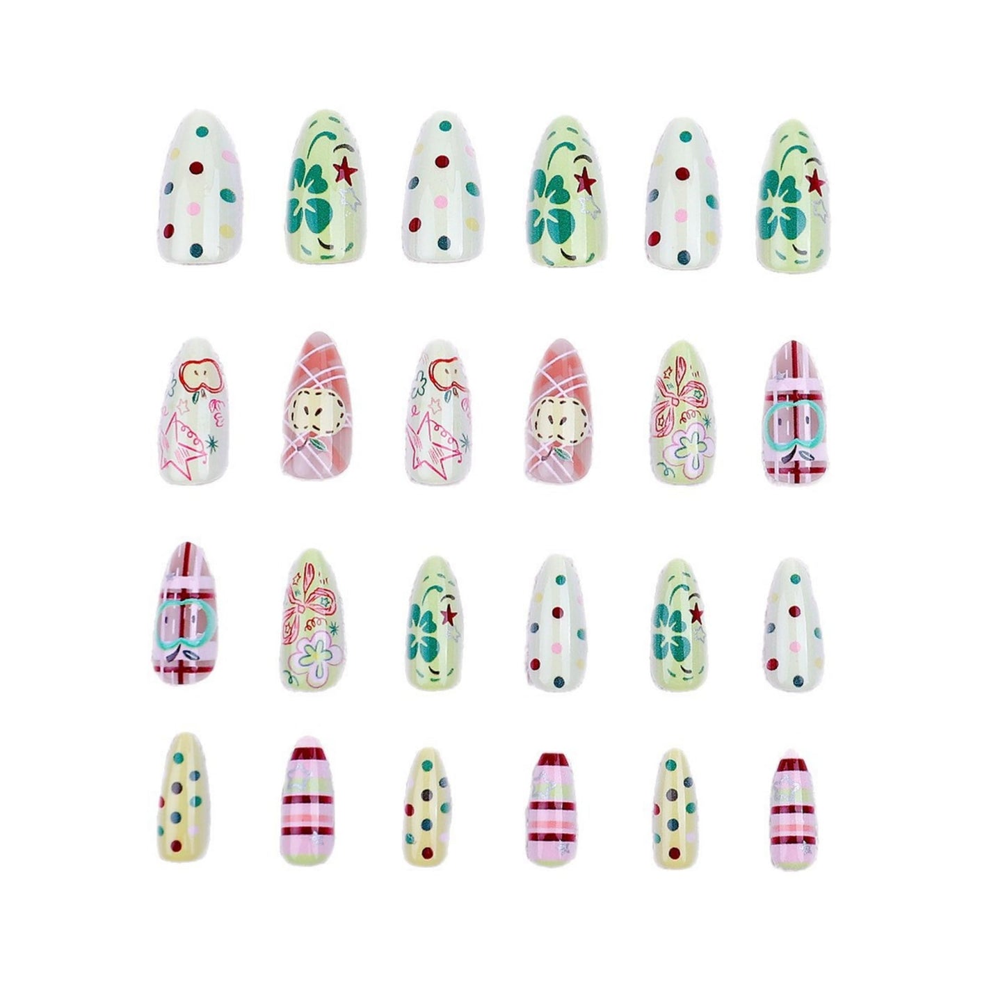 OCTOSWAVE Almond Press on Nails Long Acrylic Fake Nails with Cute Apple, Flower & Plaid Art for Women, Y2K Preppy Style for Party, Date, Vacation, 24Pcs