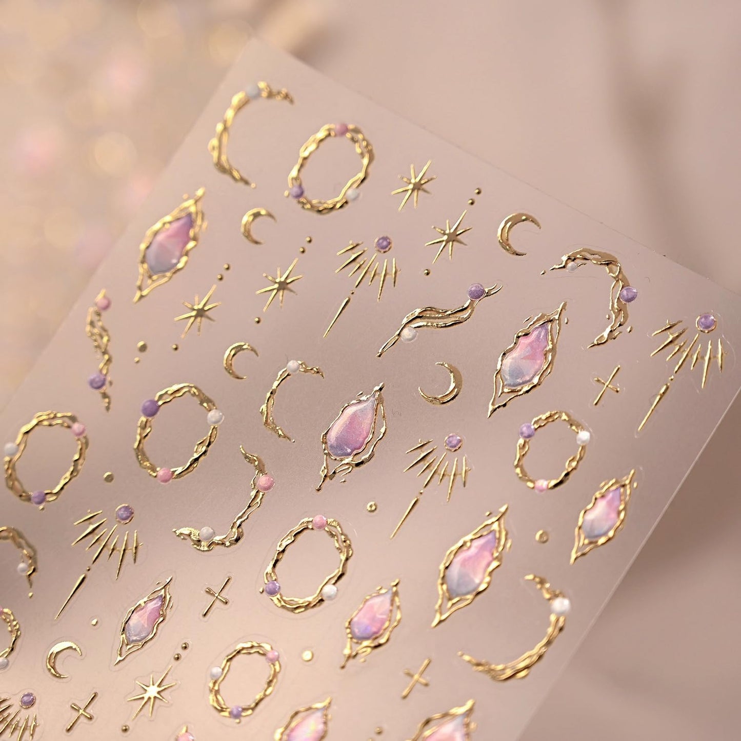 5D Embossed Gold Nail Stickers for Nail Art Moon Star Nail Art Stickers with Pearl Design Pink Gemstone Nail Decals Moon Nail Design Supplies for Women Girls