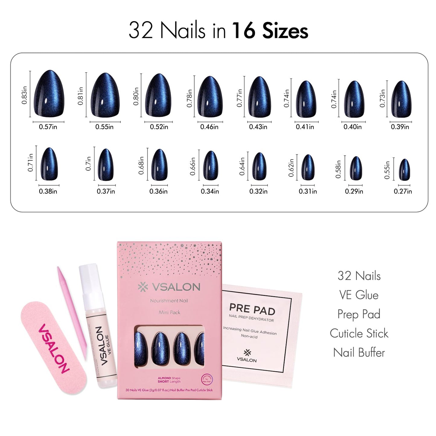 VSALON Press on Nails Almond - Deep Blue Cat Eye & Ombre Maroon Cat Eye French Tip