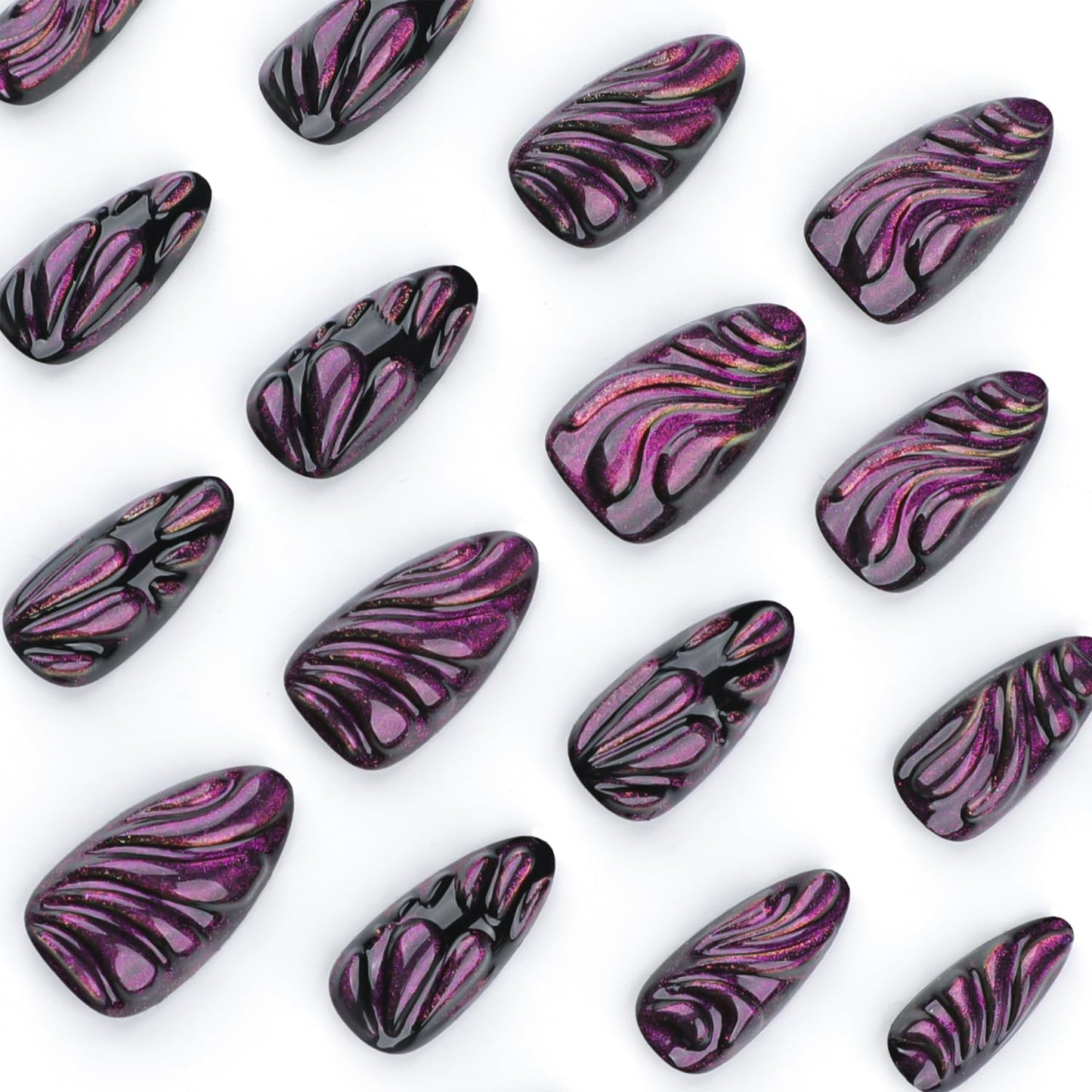 24pcs Black Purple Press on Nails Cat's Eye Fake Y2K Nails 3D Butterfly Water Drops Design Handmade Press on Nails Cool Punk False Nails Medium Almond Tip False Nails for Women Daily Wear