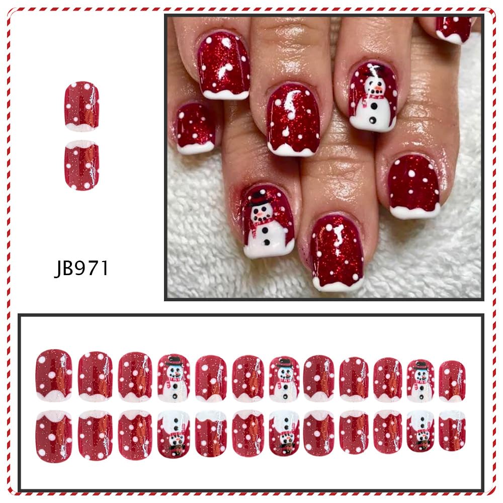 Christmas Snowman Fake Nails Red Press on Nails Winter Short False Nails with Snow Designs Xmas Full Cover Glue on Nails Cute Artificial Acrylic Nail Christmas Stick on Nail for Women