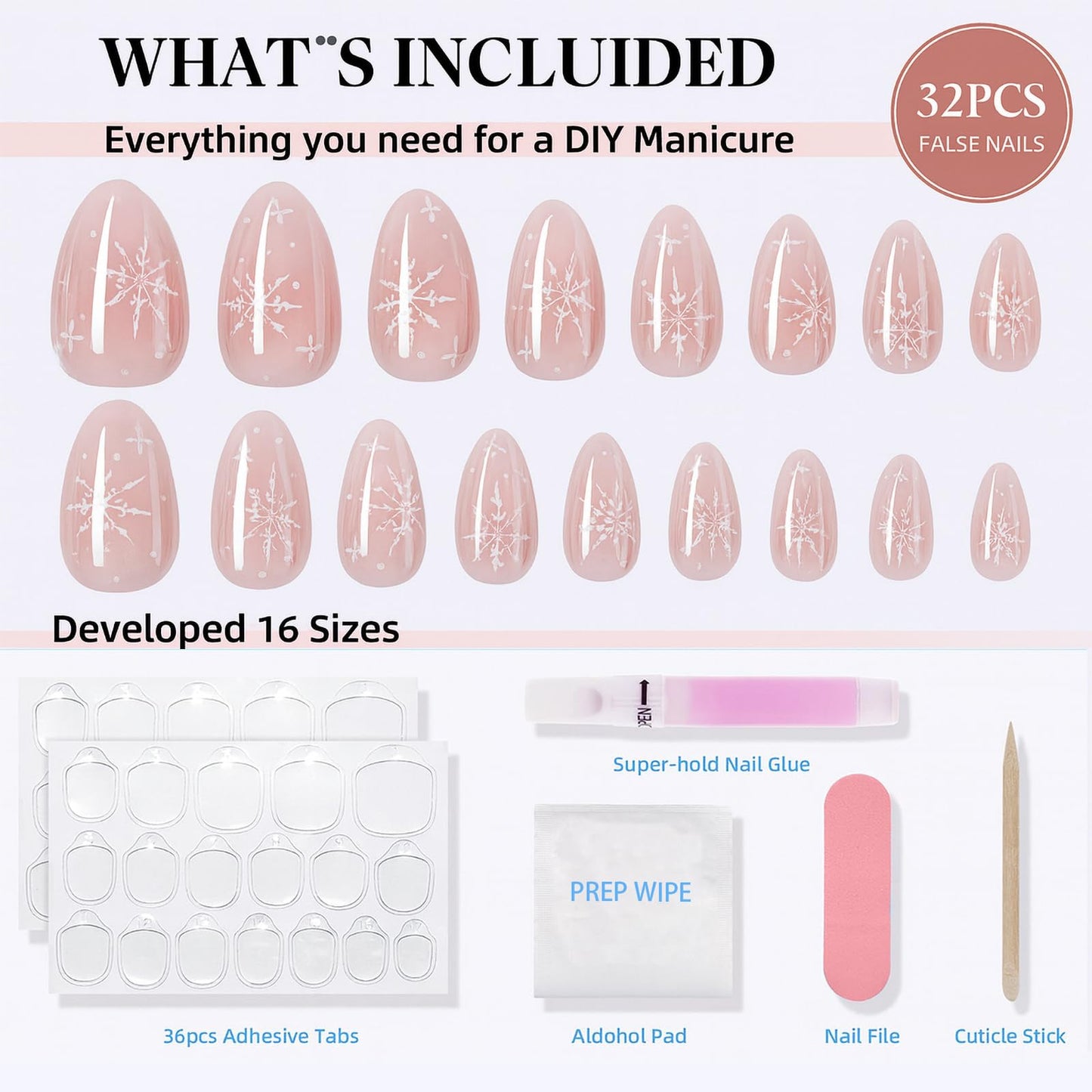 Sifvoo Pink Press On Nails Short Almond with Chrome Accent Design, Glossy Reusable Press On Nails for Women, 32 Count 16 Sizes Nail Kit with Glue (SV-15)