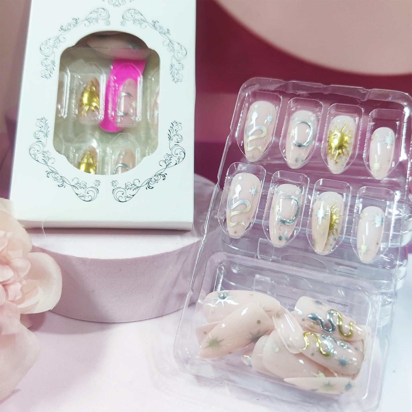 24Pcs 3D Snake Press on Nails Gold Sun Gel Glue on Fingernails Moon Medium Almond Fake Nails Glossy Silver Glitter Stick on Nail Acrylic Full Cover False Nail for Holiday Manicure Art