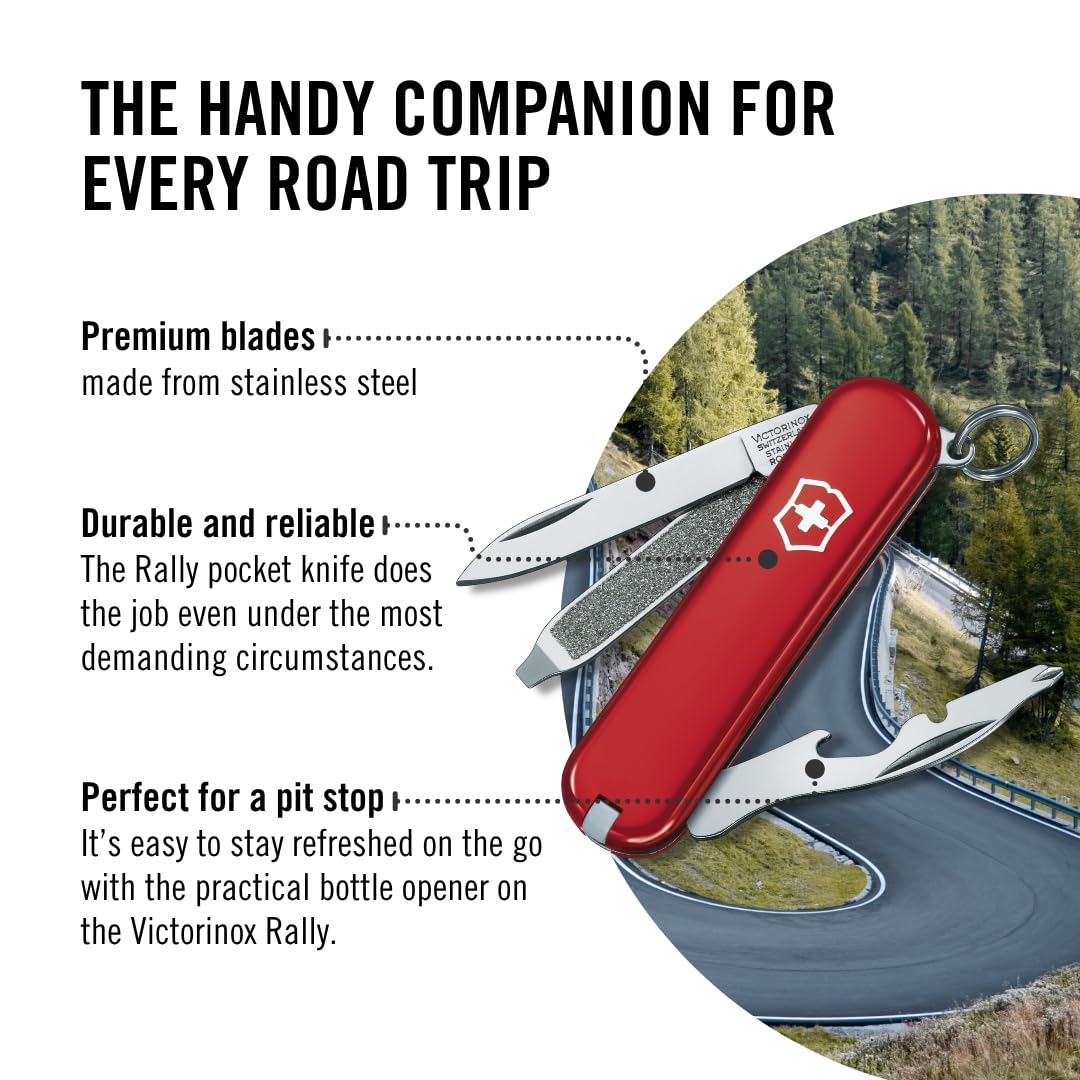 Victorinox Rally Swiss Army Knife, Compact, 9 Functions, Swiss Made Pocket Knife with Magnetic Phillips Screwdriver, Bottle Opener and Key Ring - Red
