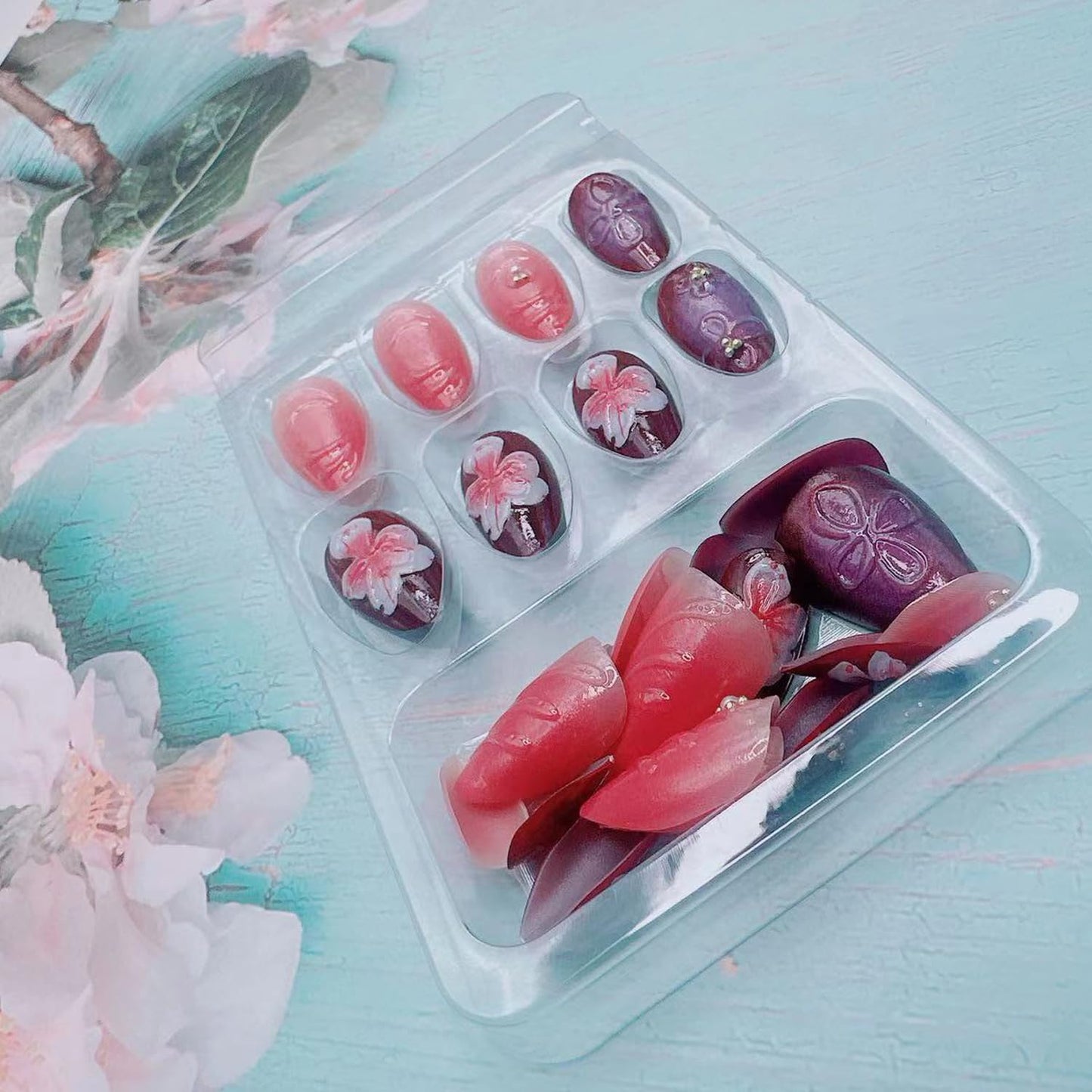 3D Flowers Press on Nails Medium Almond Fake Nails Cute Flower False Nails with Pearls Nail Charms Pink White Gradient Floral Design French Tip Press on Artificial Nails for Women DIY Decor Daily Wear