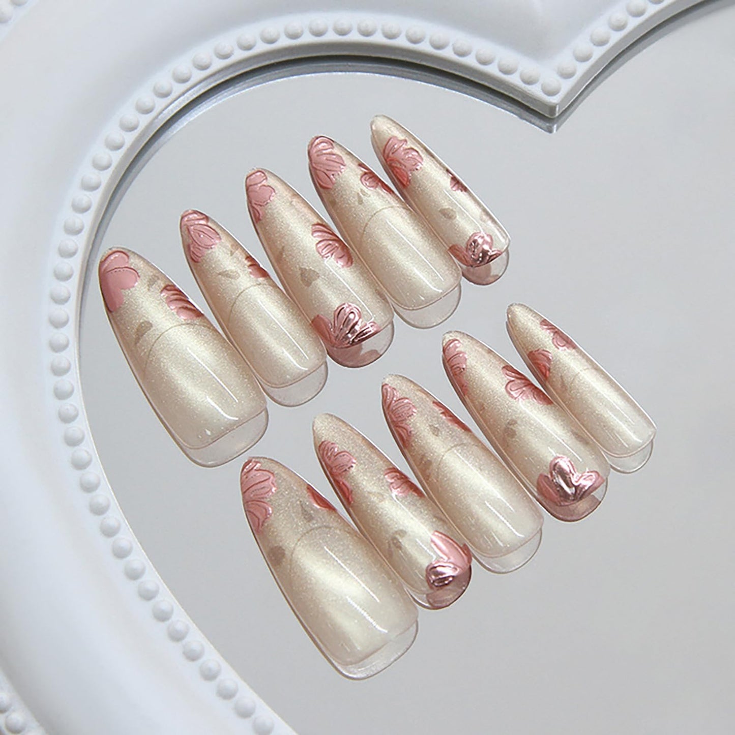 French Long Press on Nails 3D Cat Eye Almond Fake Nails Nude Flower Stick on Nails Acrylic Glossy False Nails for Women Manicure Decoration 30Pcs