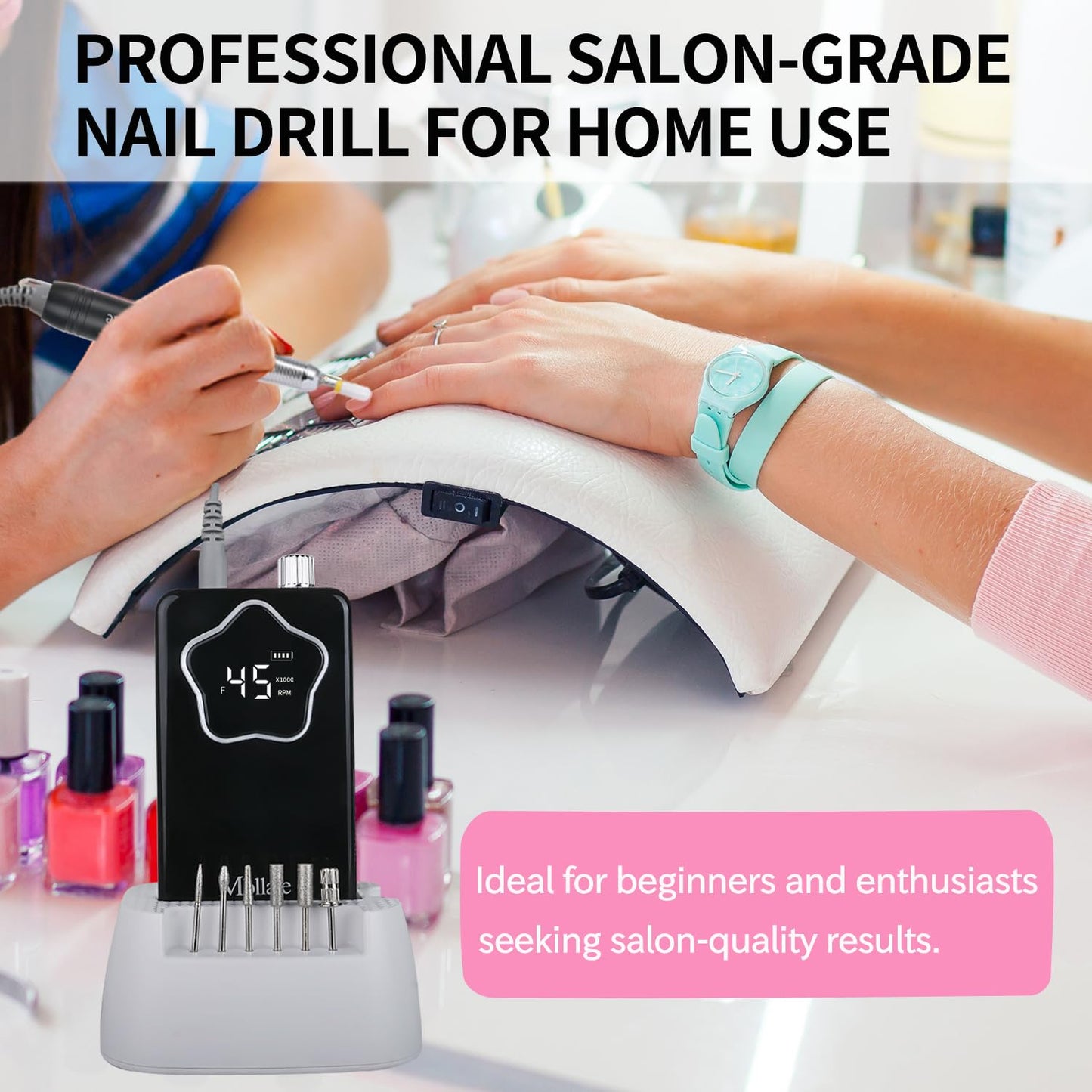 Professional Electric Nail Drill 45000 RPM：Rechargeable Nail File Machine Kit for Acrylic Gel Nails Polishing Removing Portable Cordless Efile with Base Ultra Power Salon & Home Use