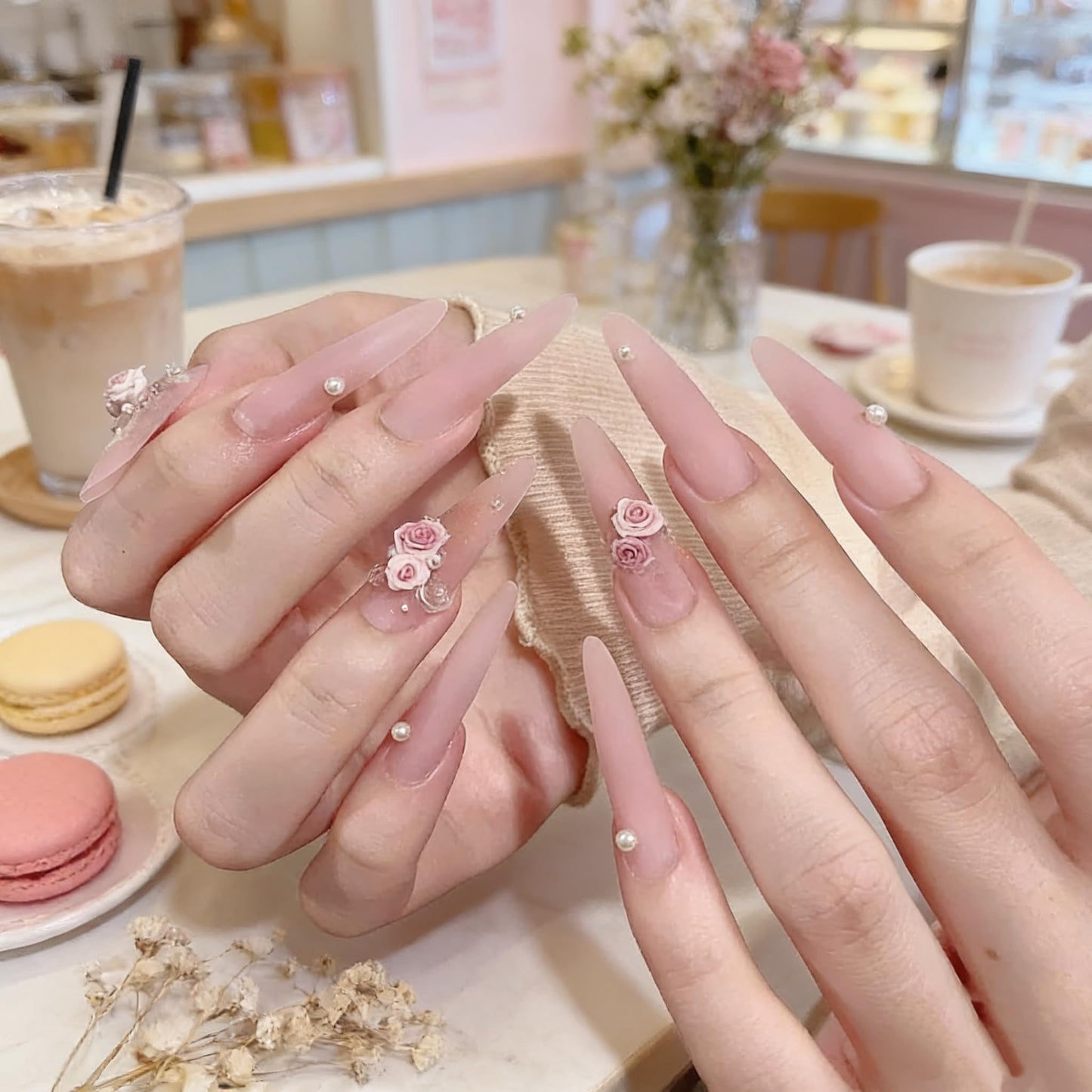 24PCS Long Stiletto Press On Nails-Matte Nude Pink Fake Nails with 3D Resin Rose Flower & Pwarl Acctents, Reusable Artifical Nail Tips for Women,Perfect for Wedding,Prom&Romantic Occasions
