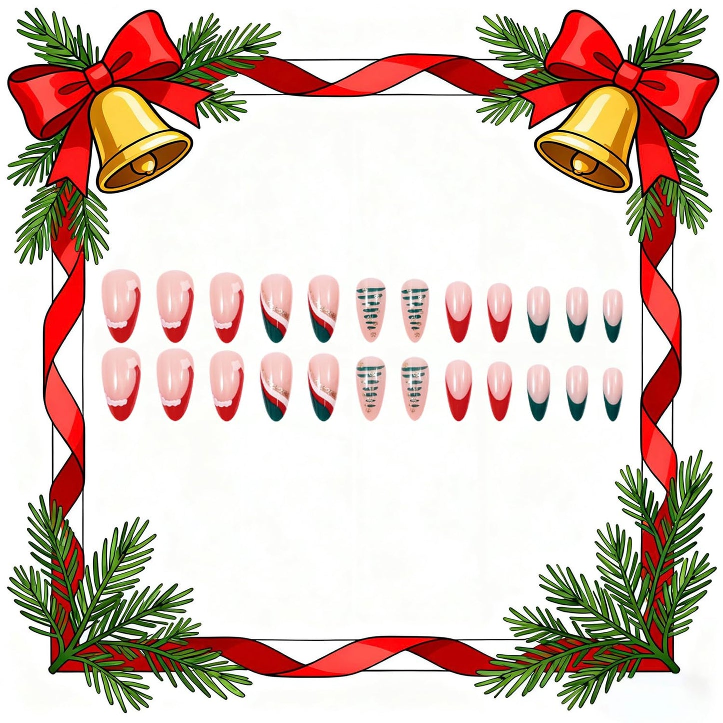 Christmas Red Press on Nails Medium Almond Artificial Acrylic False Nails Christmas Hat French Fake Nail Colorful Stripe Design Xmas Stick on Nail Winter Full Cover Artificial Fingernails for Women