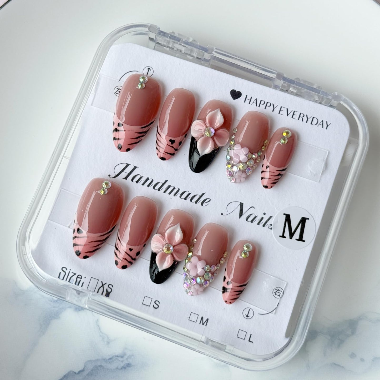 Haozerart Luxury Handmade Press On Nails Medium Almond Pink Zebra Print French Tip Fake Nails With 3D Rhinestones & Flowers Reusable Nails Kit For Women 10Pcs M Size