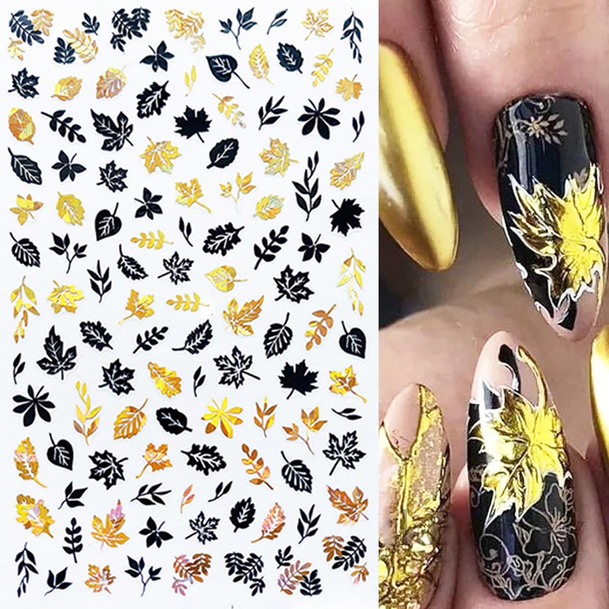 8Sheets Gold Maple Leaf Nail Stickers - 3D Fall Holographic Autumn Nail Art Sticker Maple Leaves Design Foils Laser Shiny DIY Thanksgiving Day Manicure Accessories